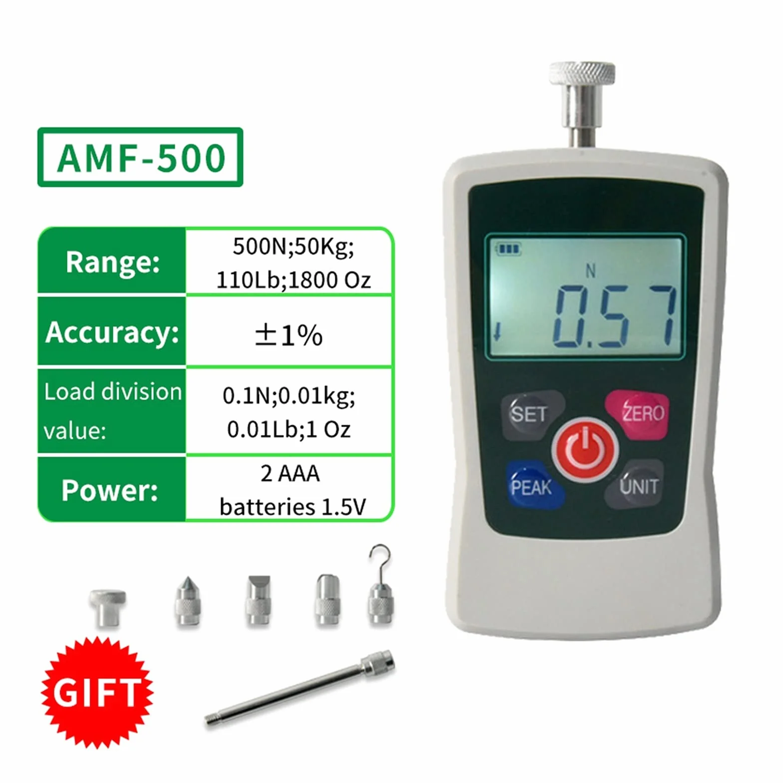 Medidor de fuerza digital, AMF-500N DIGITAL FORCE GAUGE PUSH PUSH PUTE FORTE FORTE GAUGE DINAMETRER POR FORTE FORTE FORTE METER