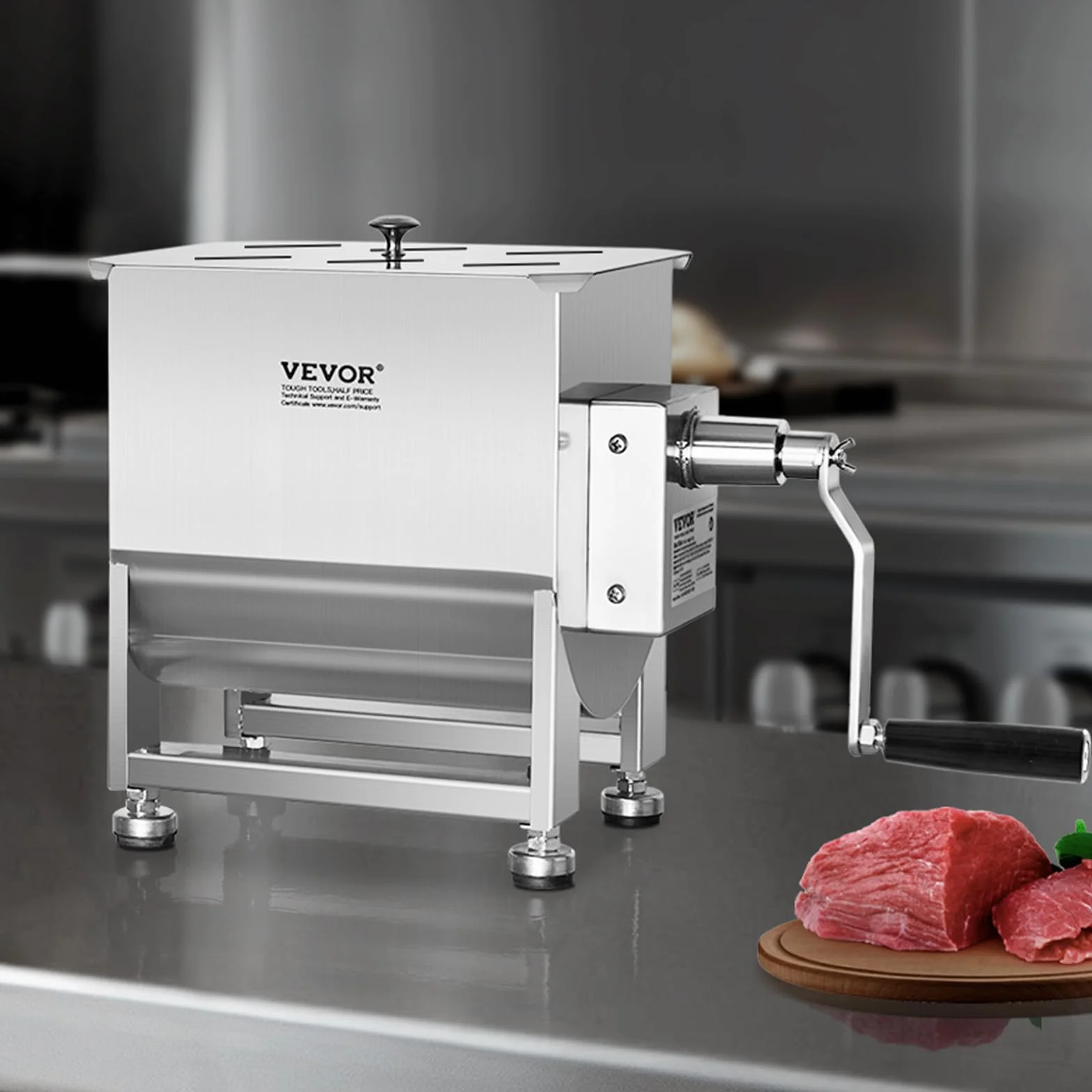 VEVOR Mezcladora de Carne Manual Tanque 30 L Equipo de Procesamiento de Carne Mezcla Máxima 20,4 kg Mezcladora de Salchichas de Acero Inoxidable Batidora de Carne con Tapa, Reductor de Engranajes