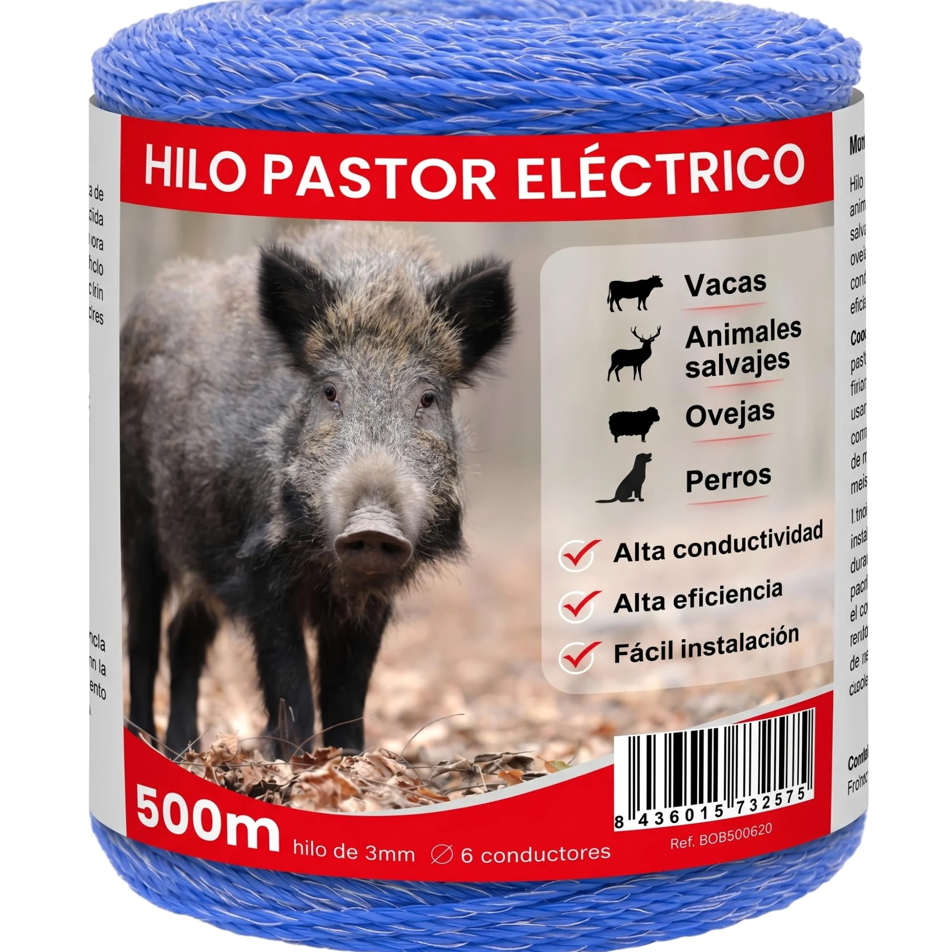 Llampec Hilo Pastor Eléctrico 500 m x 3 mm Azul – Cinta 6 Conductores Acero Inoxidable – Alta Conductividad y Resistencia UV – Cable Valla Eléctrica para Caballos, Vacas y Perros – Bobina Pastor