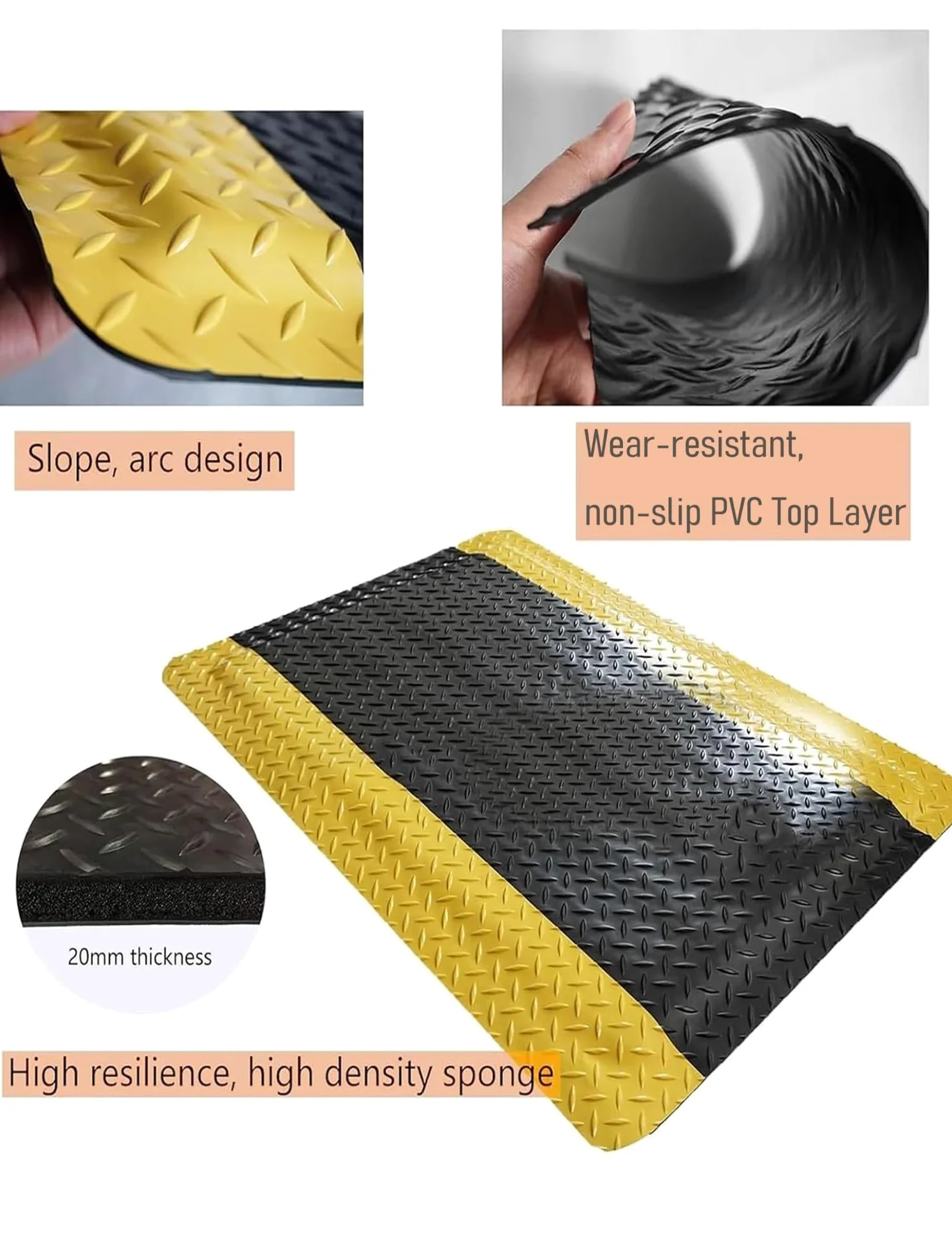 Alfombra Antifatiga para Estaciones de Trabajo, 2cm de Grosor | Espuma acolchada con borde amarillo visible para mayor comodidad en jornadas largas(Black-Yellow,70x60cm)