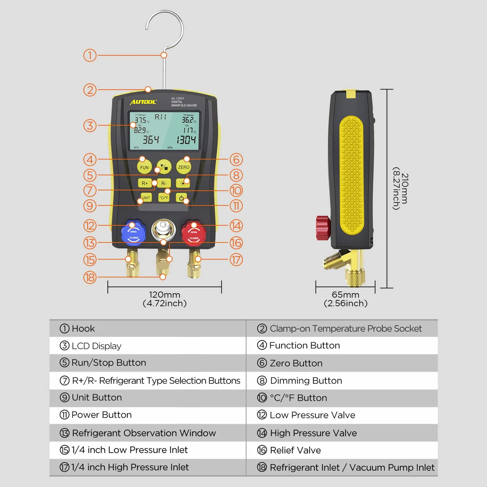 AUTOOL Medidor de presión de refrigeración digital, sistema HVAC Medidor de refrigeración Aire acondicionado Refrigerador Presión de vacío Probador de fugas de temperatura