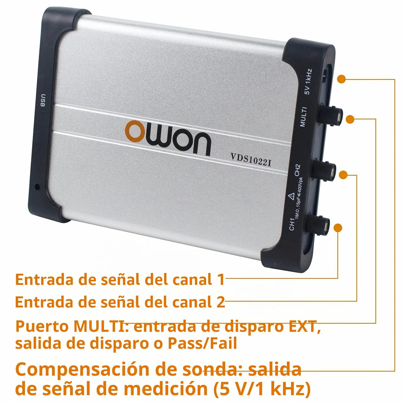 OWON VDS1022i Oscilloscopio USB basato su PC, 2+1 (multi) canali portatile, larghezza di banda 25 MHz con isolamento del canale