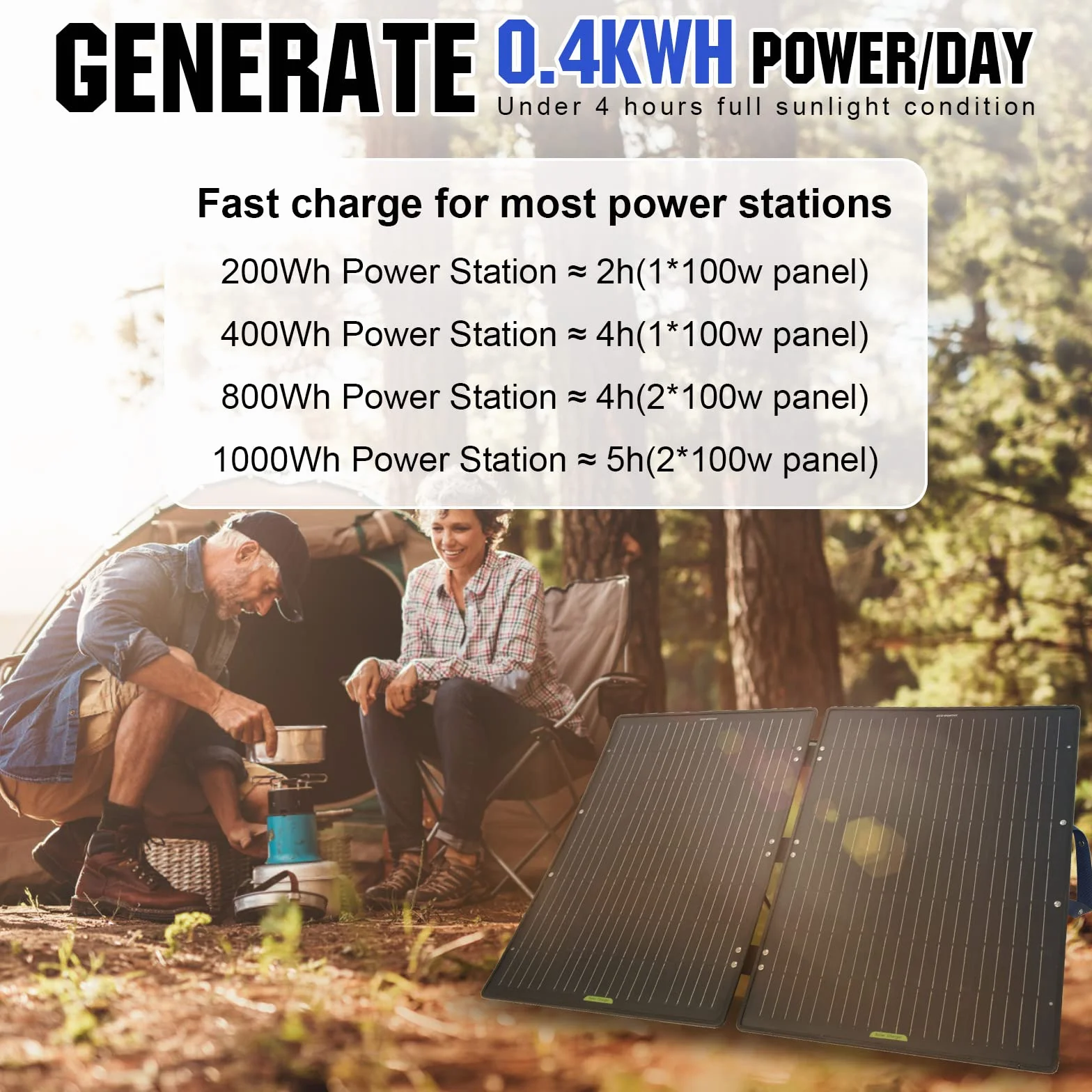 ECO-WORTHY Panel solar plegable de 100 W para generador solar Powerstation, con soporte ajustable, cable PV (9,84 ft), MC-4 y 4 adaptadores DC para la mayoría de Power Station, autocaravanas,