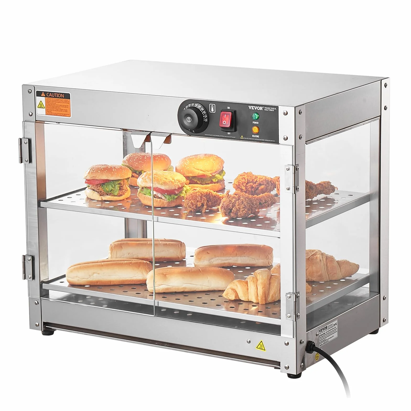 VEVOR Calentador de Alimentos Comercial de 2 Niveles, 800 W con Luz para Mejorar la Exhibición de los Alimentos, Control de Temperatura de 30~85 ℃, Gran Capacidad de 58 L, 610 x 380 x 510 mm, Plata