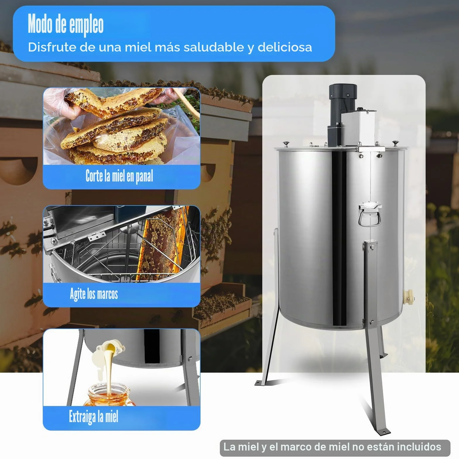 Extractor de miel eléctrico con cubierta de cristal de 4 marcos, panal de miel de acero inoxidable, velocidad ajustable, extractor de miel profesional, para apicultores aficionados, apicultores