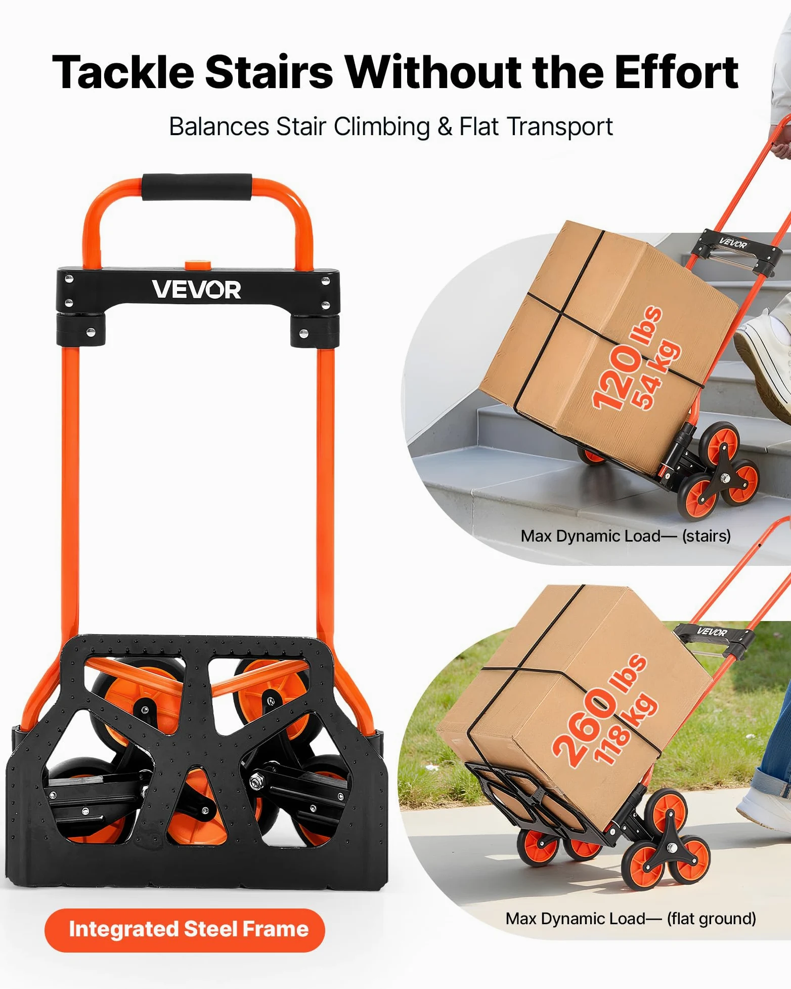 VEVOR Carretilla de Mano Plegable con Asa Telescópica, Carga Máxima 54 kg, Carro Sube Escaleras Resistente, Marco de Acero al Carbono, con 2 Cuerdas y 6 Ruedas, para Almacén Compra Oficina y Hogar