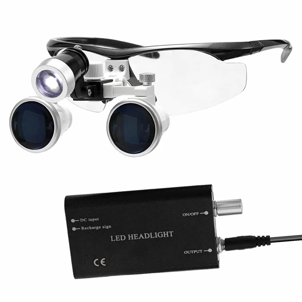 Lupa portátil 3.5X 420mm Quirúrgica Médica Lupas binoculares Auriculares de Vidrio óptico con LED 3W