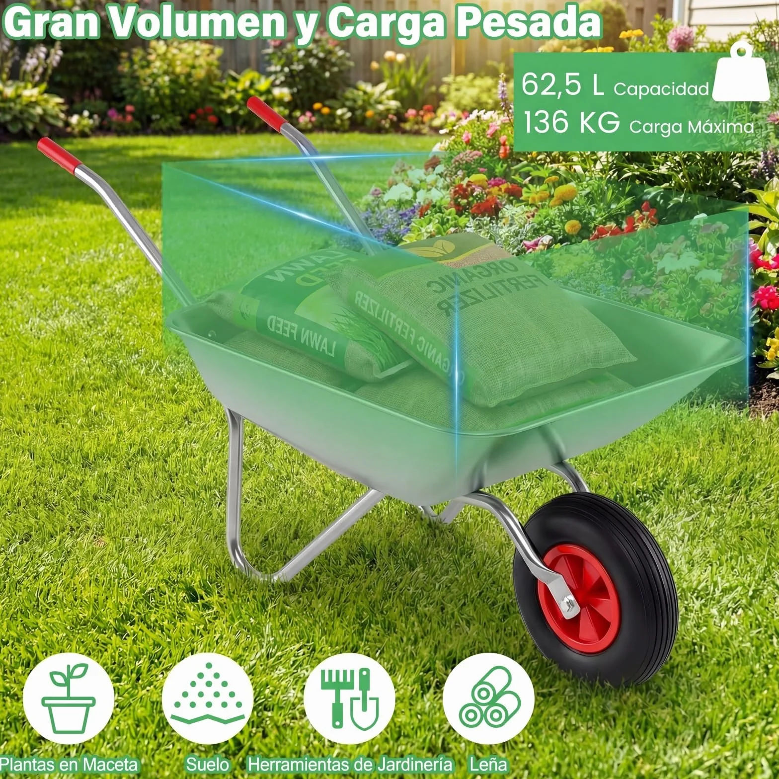 COSTWAY Carretilla de Obra, Galvanizado Metal, Carga 136kg, 62,5 L, Carretilla Jardín con 2 Manillares y Neumático Grande de Goma, Césped Jardín Patio Granja