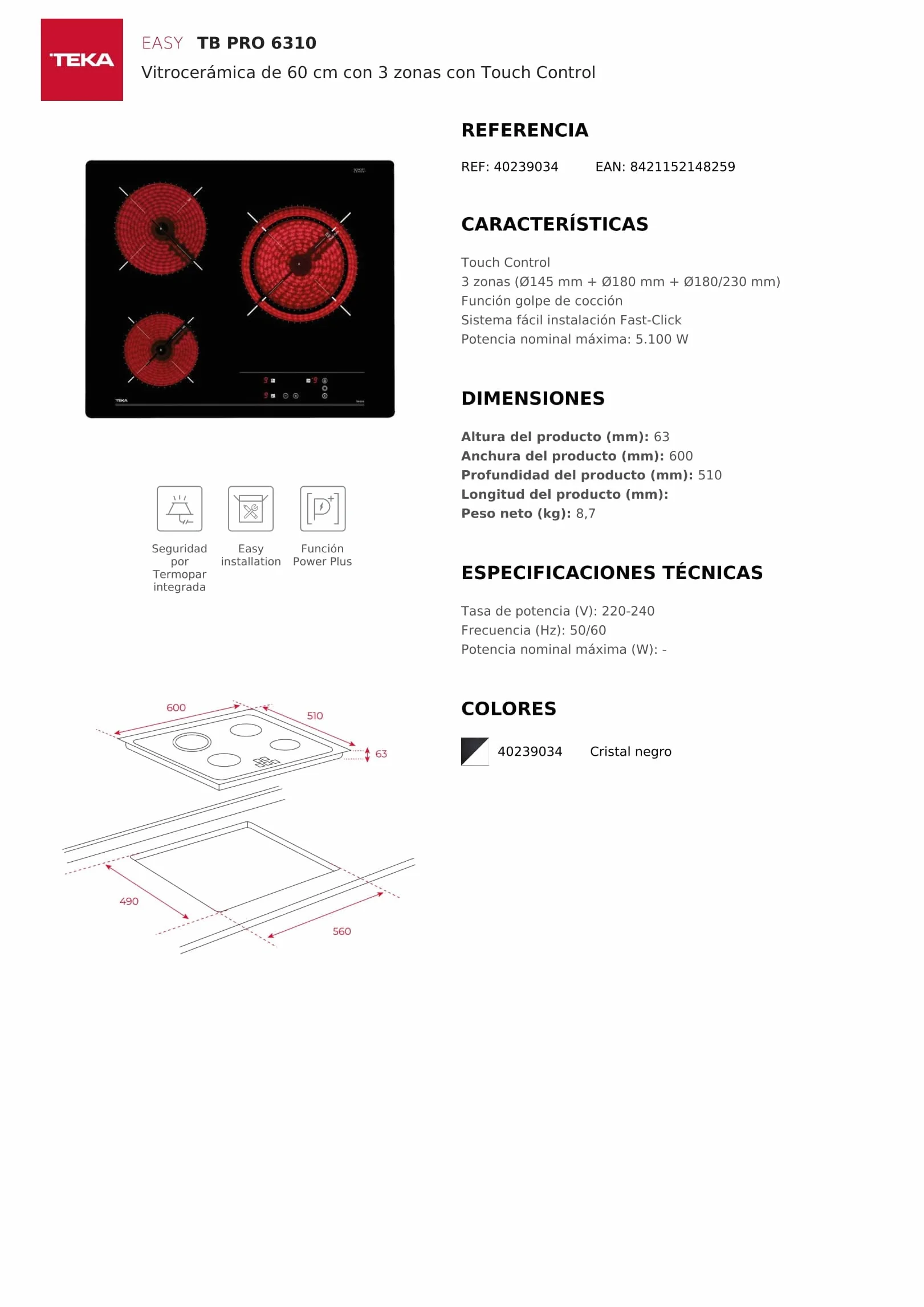 TEKA Placa Vitrocerámica 60 cm 3 Fuegos Touch Control TB 6310