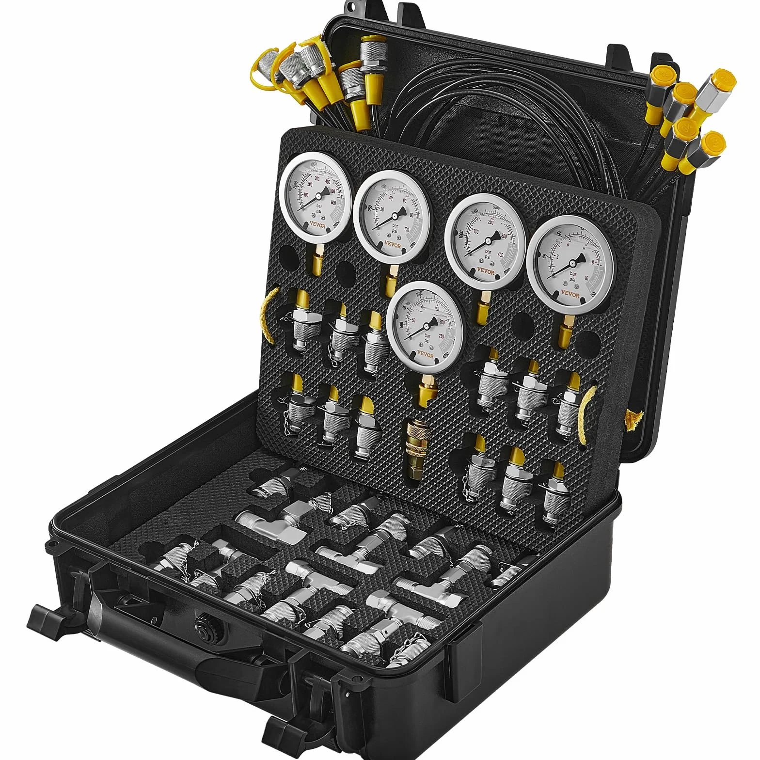 VEVOR Kit de prueba de presión hidráulica, 10/100/250/400/600 bar, 5 manómetros, 13 accesorios, 14 conectores en T, 5 mangueras, manómetro con estuche de transporte para excavadoras