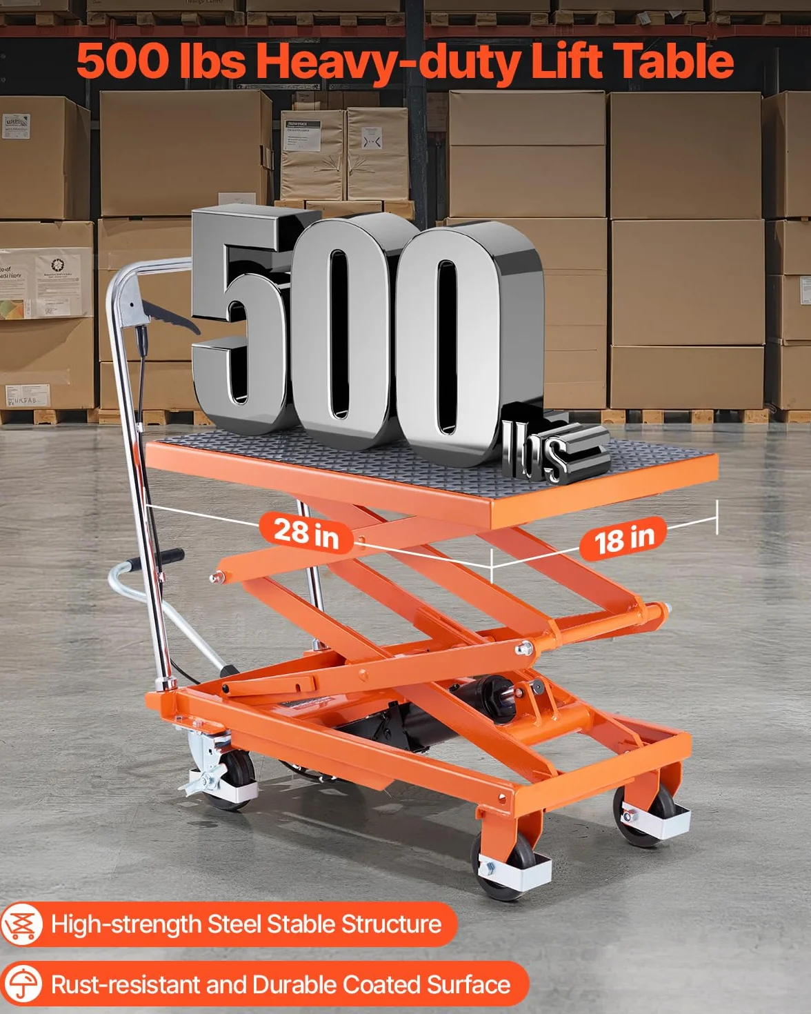 VEVOR Mesa Elevadora Hidráulica, Capacidad de 226,8 kg, Altura de Elevación de 300-1200 mm, Carrito de Mesa Elevadora de Tijera Doble con 4 Ruedas y Almohadilla Antideslizante para Manipulación