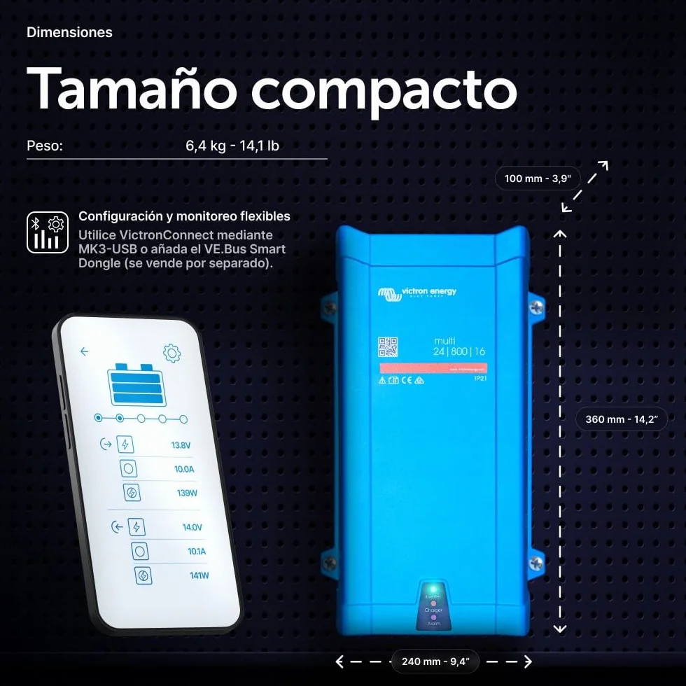 Victron Energy MultiPlus 800VA 24-Voltios 230V Inversor de Onda sinusoidal Pura 16 amperios Cargador de batería