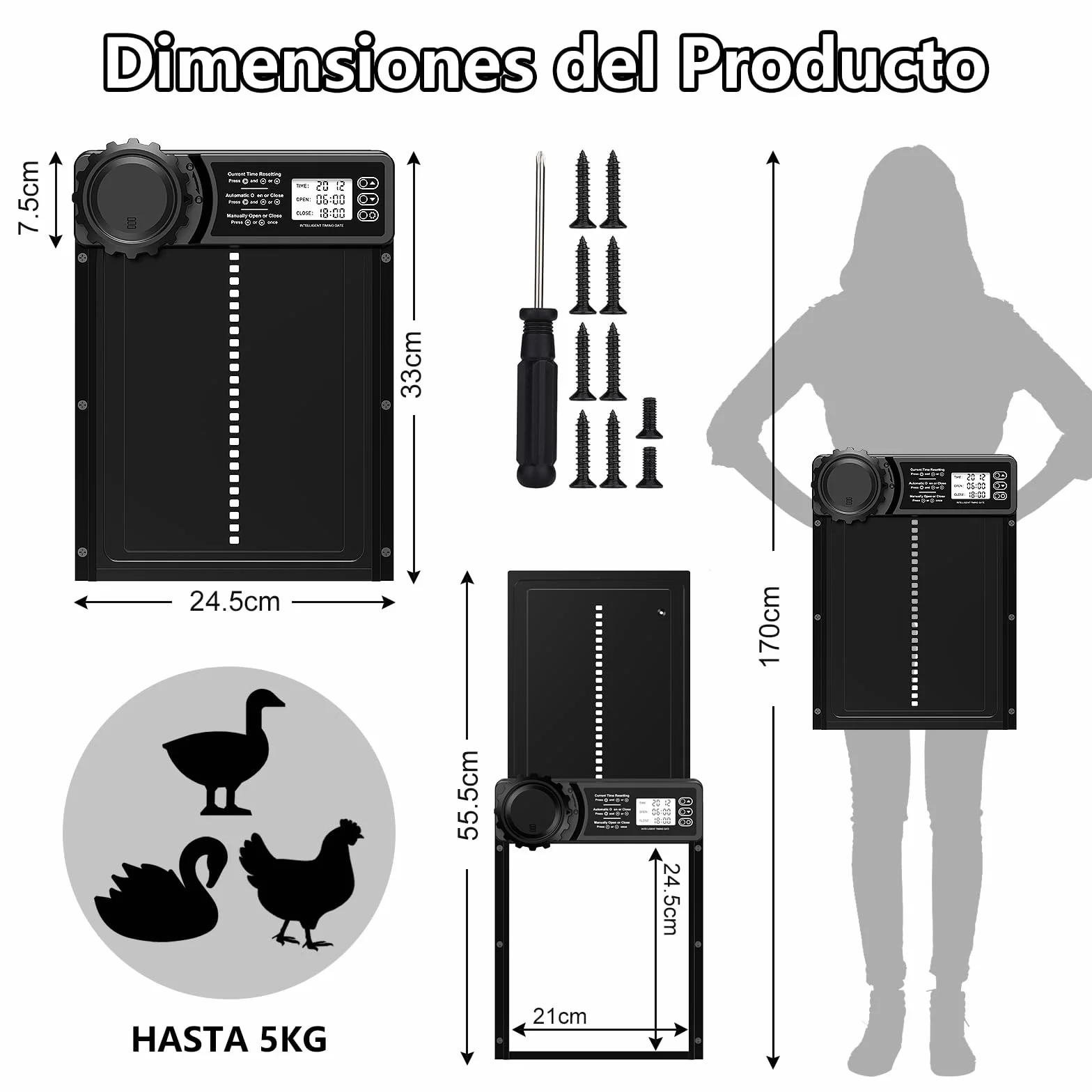 CHAMUTY Puerta Automática Gallinero con Pantalla LCD Grande, Aleación de Aluminio, Temporizador, Manual, Anti-atrapamiento