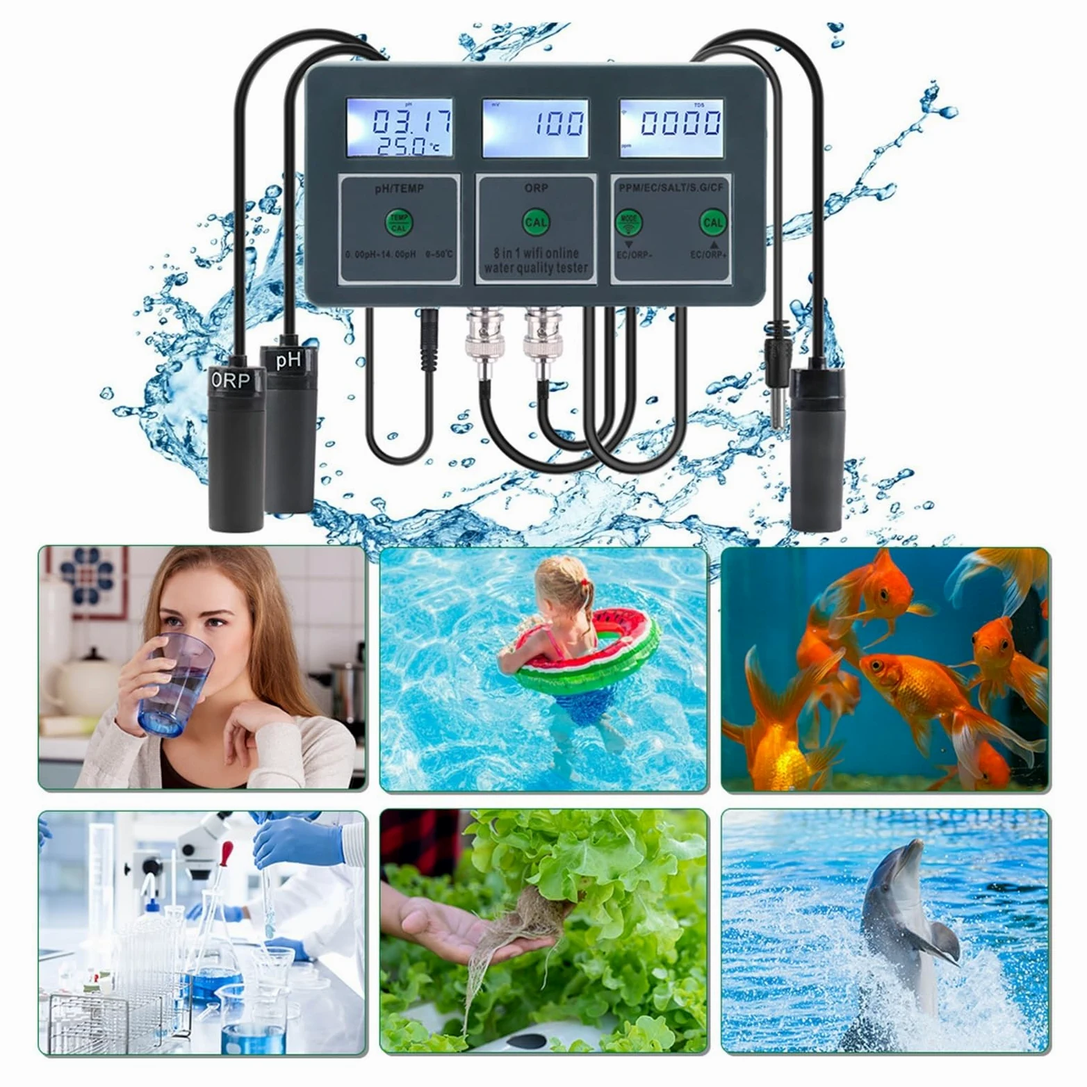 Medidor de PH Tuya Smart PH ORP TDS EC SALT S. G TEMP CF Monitor medidor en línea Probador de Calidad del Agua acuario controlador registrador datos(Meter)