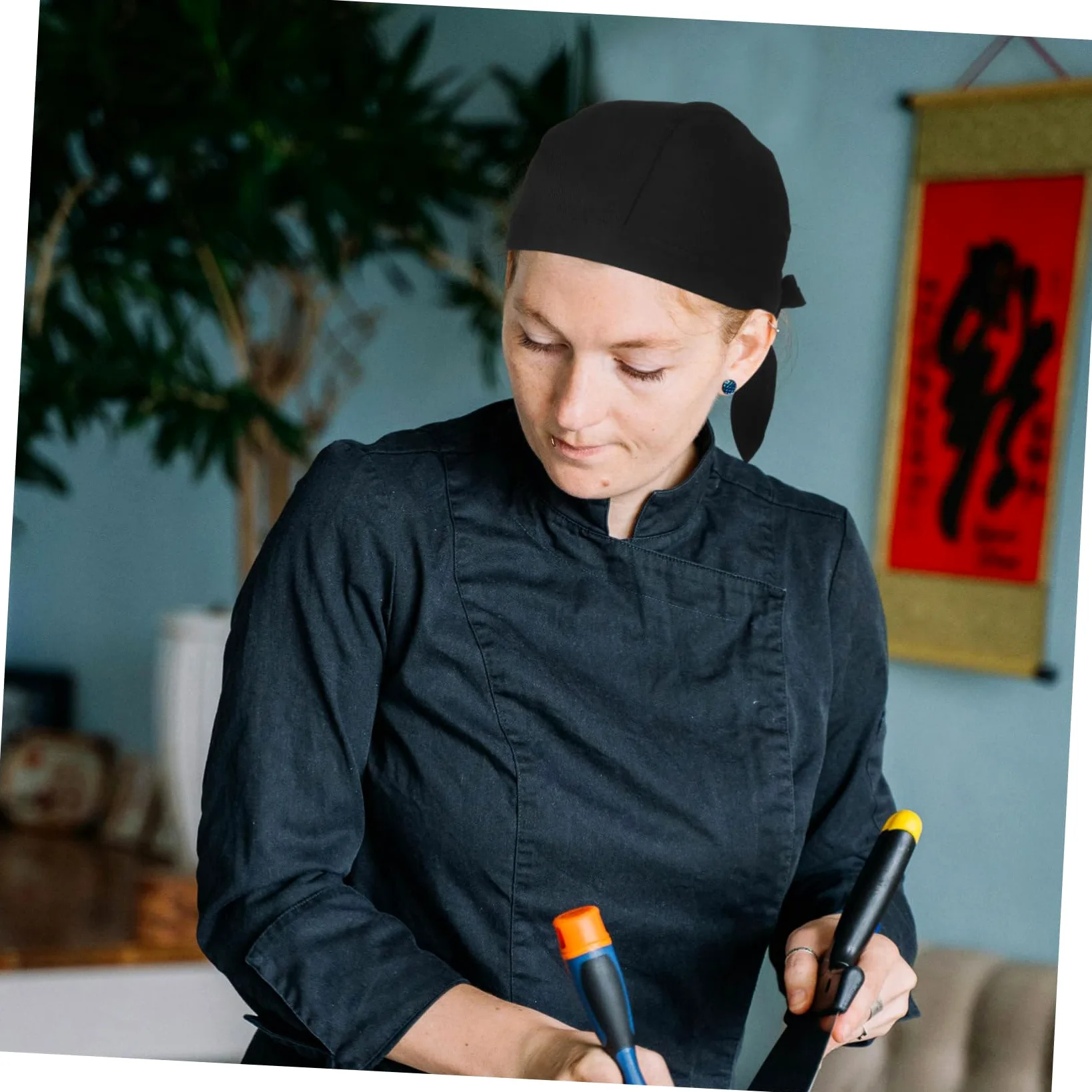 Gorro de Chef Lazos Negro de Tela de Algodón, 6 Piezas | Barbacoa y Restaurante, Estilo Simple y Clásico, Diseño Creativo, Uso para Chef de Cocina
