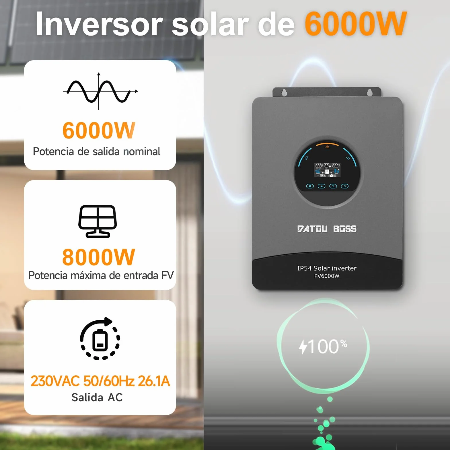 DATOUBOSS Inversor Solar Híbrido 48V 6000W Onda Sinusoidal Pura, Regulador MPPT Integrado 120A, Protección contra Rayos y Agua, Arranque sin Batería, para Sistema Solar Fuera de la Red (48V 6000W)