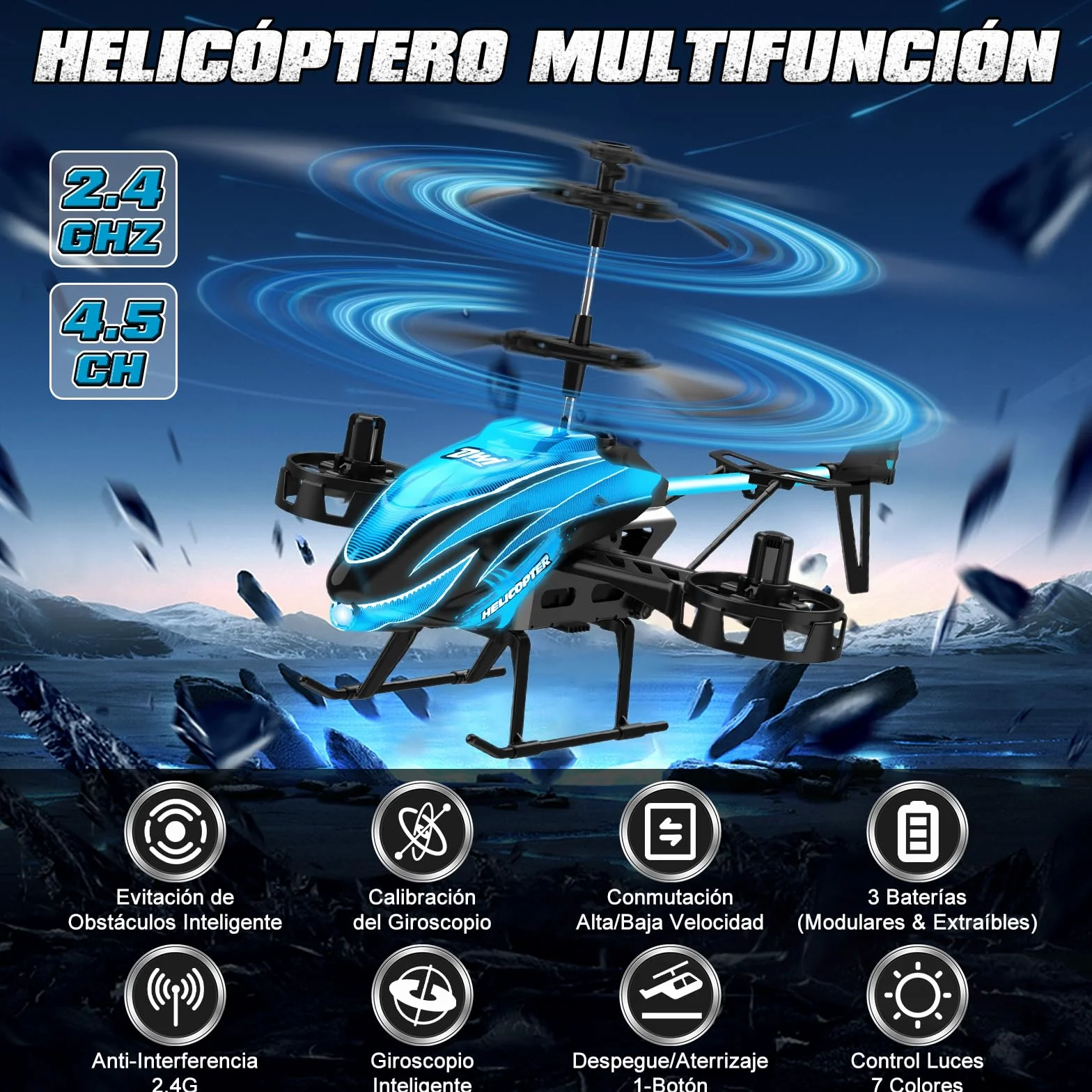 Charmofun Helicóptero Teledirigido 2.4G RC con 7 Luces, 3 Baterías, 33 Minutos Vuelo, 4.5 Canales, Giroscopio, Regalo para Niños 6+ Años Azul