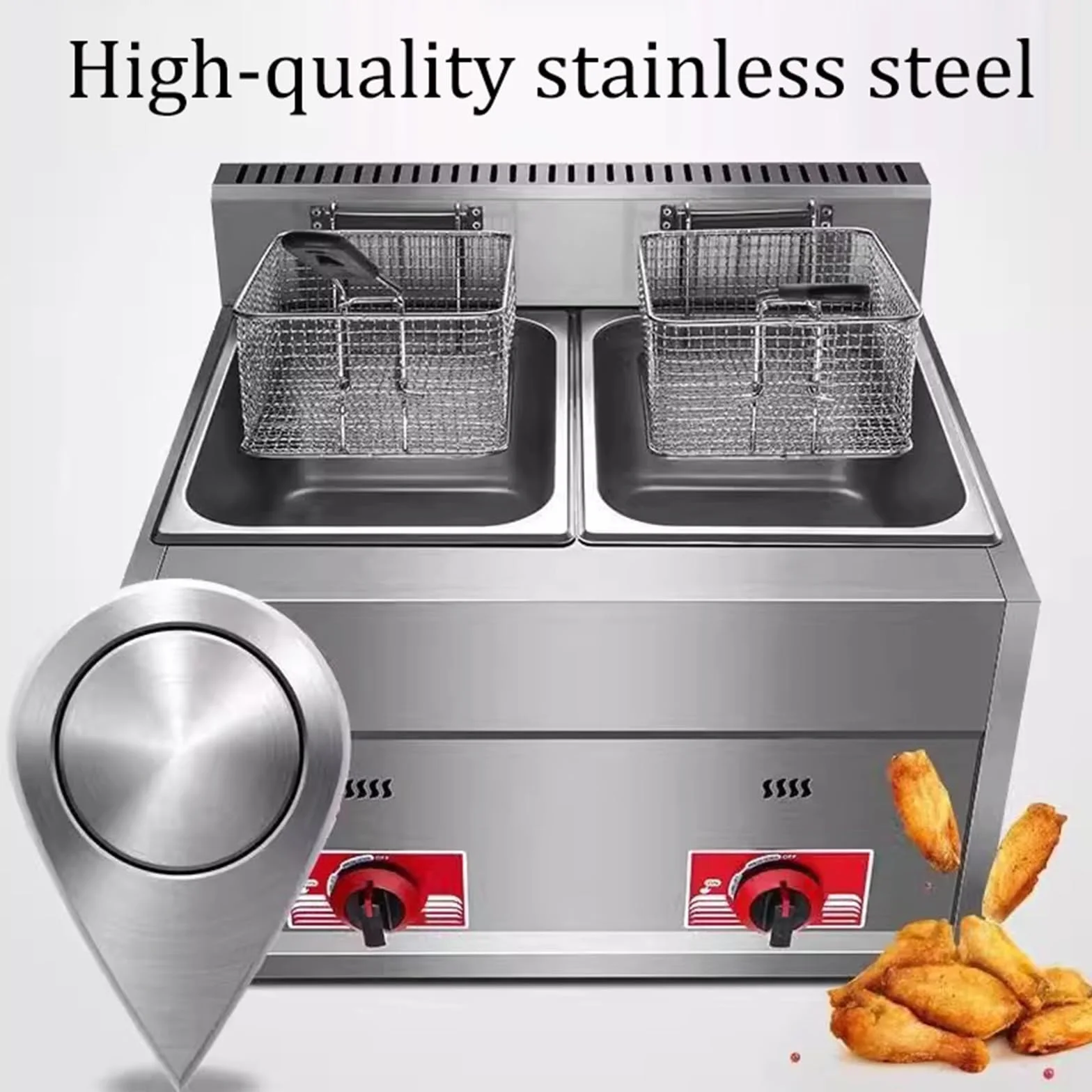 Freidora de gas, freidora de gas profesional de acero inoxidable comercial con cesta y tapa, Freidoras 2x10L Doble Tanque para encimera de restaurante comercial Máquina (10L+10L)
