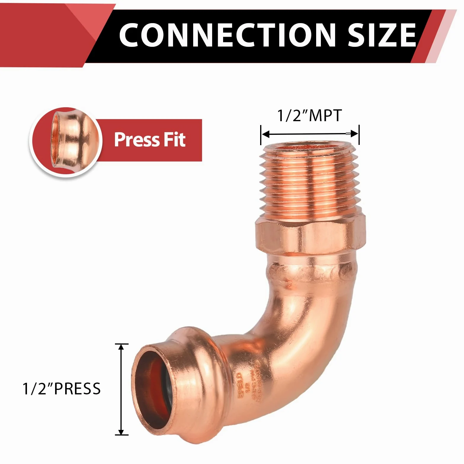 EFIELD - Codo de prensa de cobre, prensa de 1/2 pulgada x codo macho de 90 grados de 1/2 pulgada para conexión de tubería de cobre (1/2 x 1/2 pulgadas)
