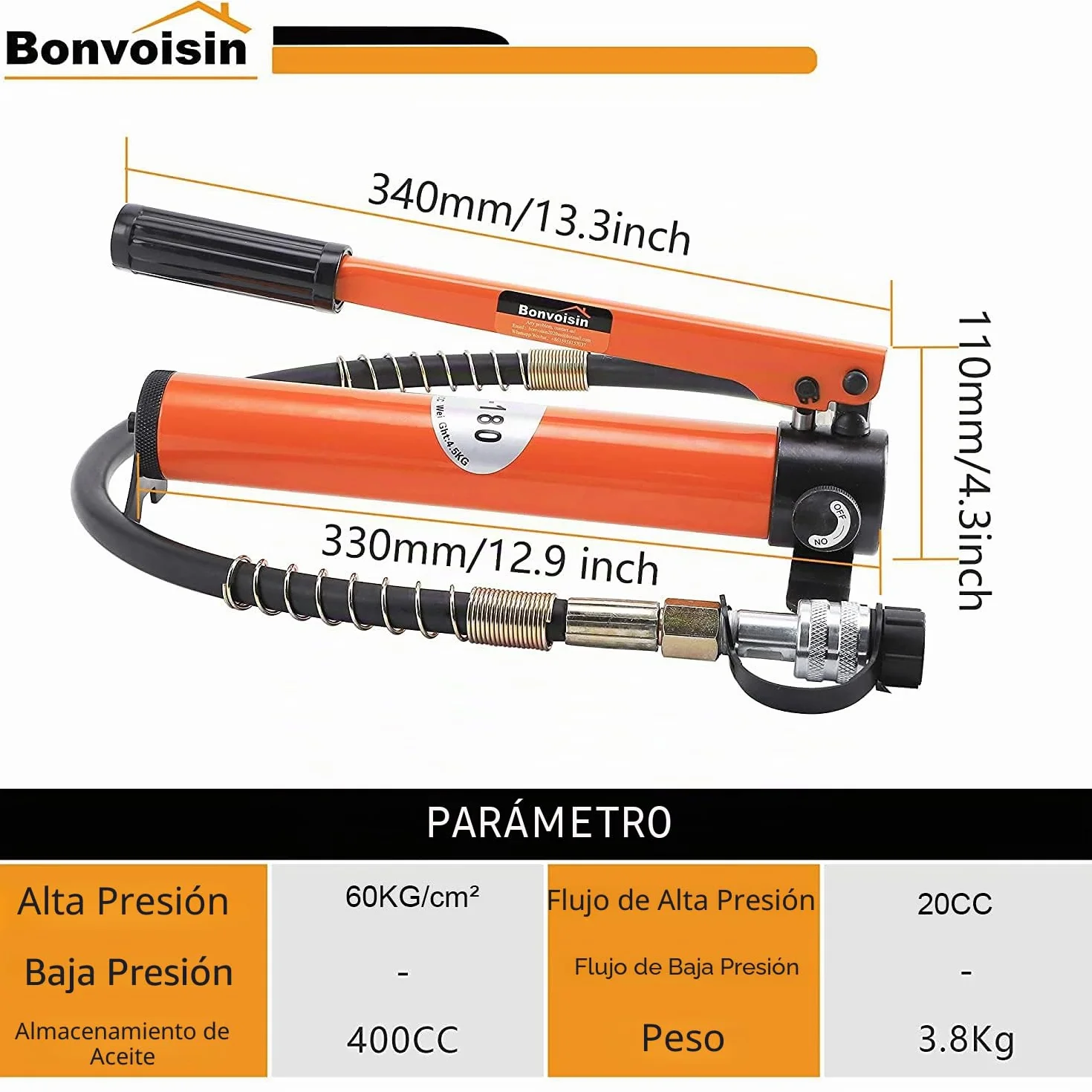 Bonvoisin CP-180 Bomba Hidráulica Manual, Alta Presión 60kg/cm², Capacidad de Aceite 400cc, Longitud de La Manguera 0,8m, para 5T/10T/20T Gato Hidráulico