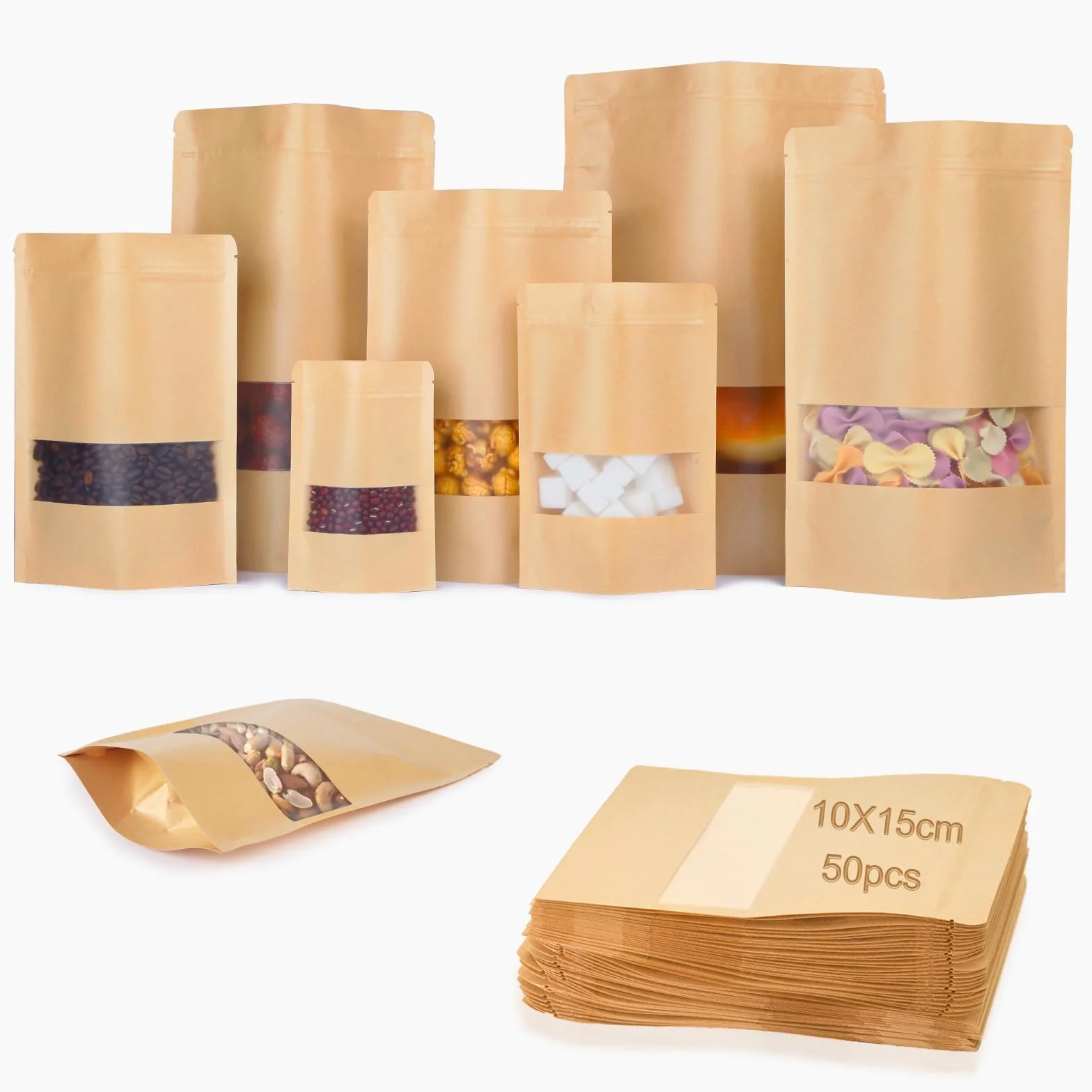 Bolsa Papel Kraft con Ventana 10x15 cm Reutilizables 50 Piezas