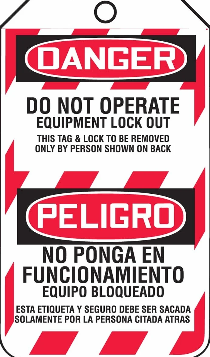 Accuform TSP105PTP Etiqueta de bloqueo bilingüe español 14,5 cm x 8,25 cm RP-plástico rojo/negro