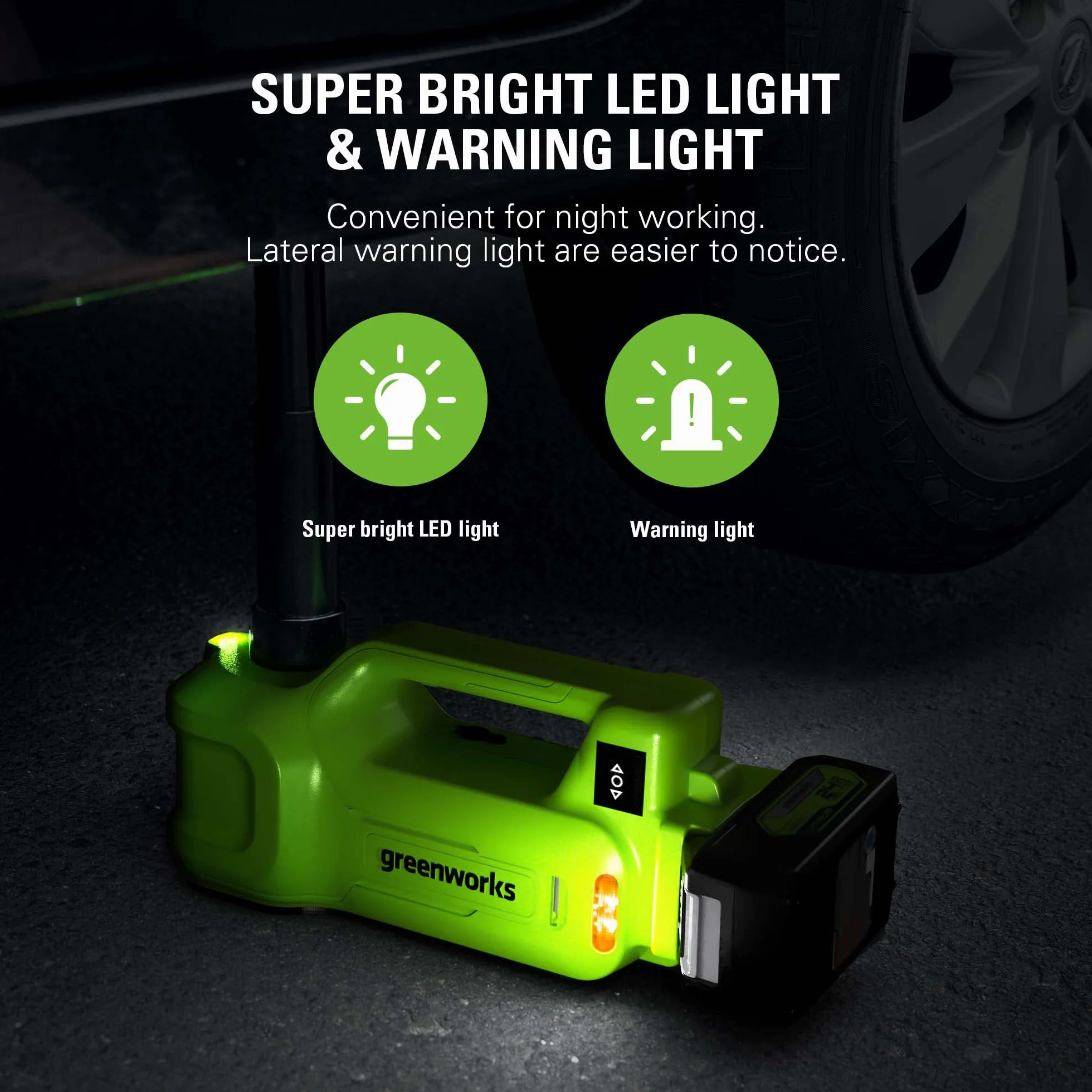 Greenworks Batería Jack 24v 3T Altura de Elevación Hidráulica Eléctrica: 6 - 1 / 8 "- 17 - 1 / 2" (155 - 445 mm) Bloqueo Automático Universal SIN Batería y Cargador G24JACK