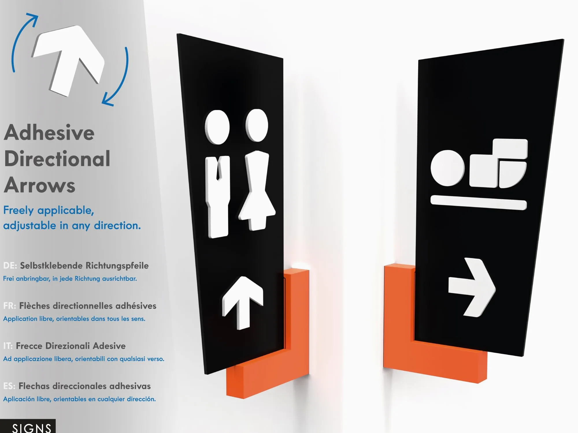 3x Carteles de Baño Personalizables – Pictogramas a Elegir – Señalética WC Hombre Mujer Discapacitados – Letrero de Pared Doble Cara con Soporte de Color y Flecha Direccional