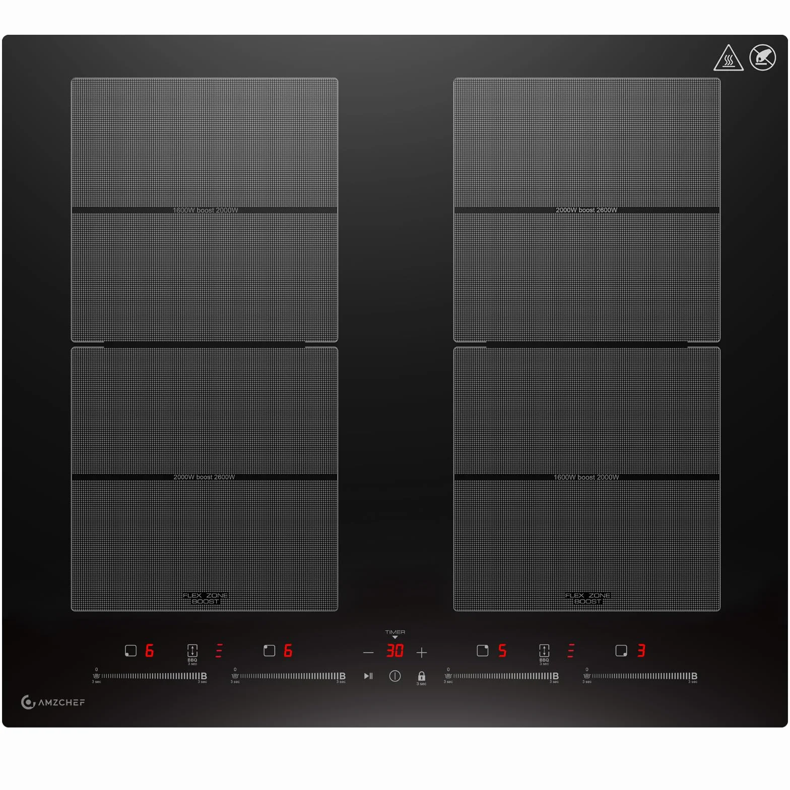 AMZCHEF placa inducción 4 zonas flexibles 7400W 42dB silencioso 9 niveles BBQ