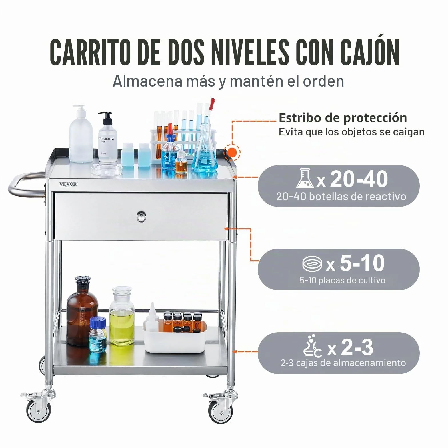 VEVOR Carro de Laboratorio de Acero Inoxidable 2 Niveles Carrito de Médico 71x42x78,5 cm Carro con Cajón Carga de 100 kg Movimiento Silencioso para Almacenamiento Clínico Cocina Hotel Salón de Belleza