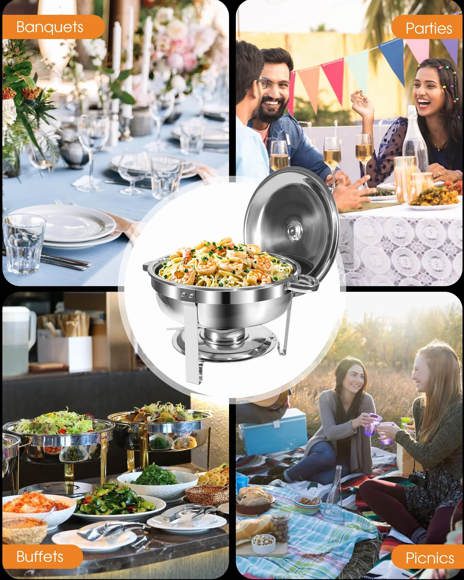 Chafing Dish Buffet Set 5L 2 Fuentes Redondas Acero Inoxidable Grado Alimentario Borde Enrollado Seguro Porta Tapas Acabado Espejo Calentador Alimentos