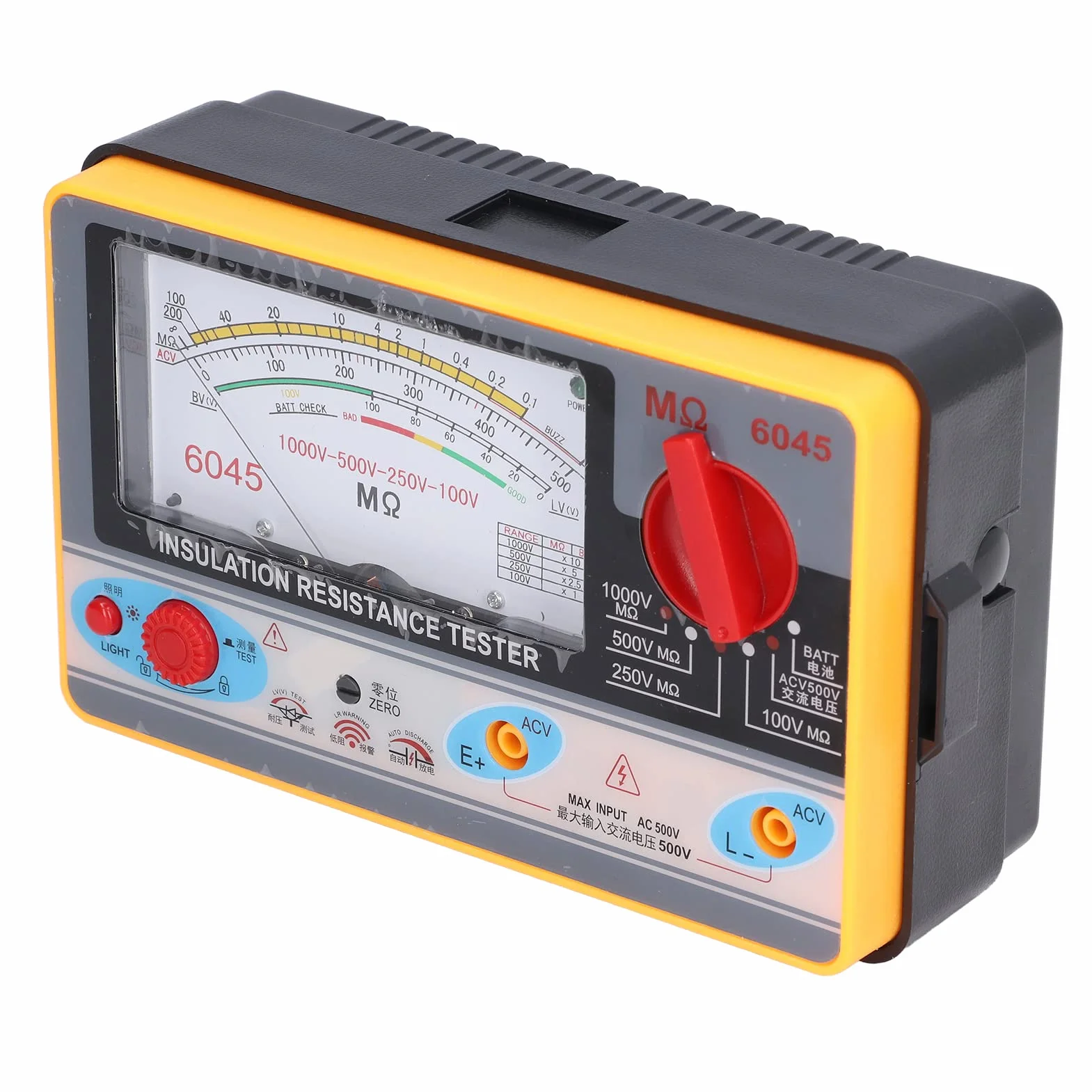 Comprobador de Resistencia de Aislamiento TY6045 con Pantalla de Esfera Transparente Soporte de Autobloqueo Medidor de Megaohmios para Electricistas 5MΩ-2000MΩ