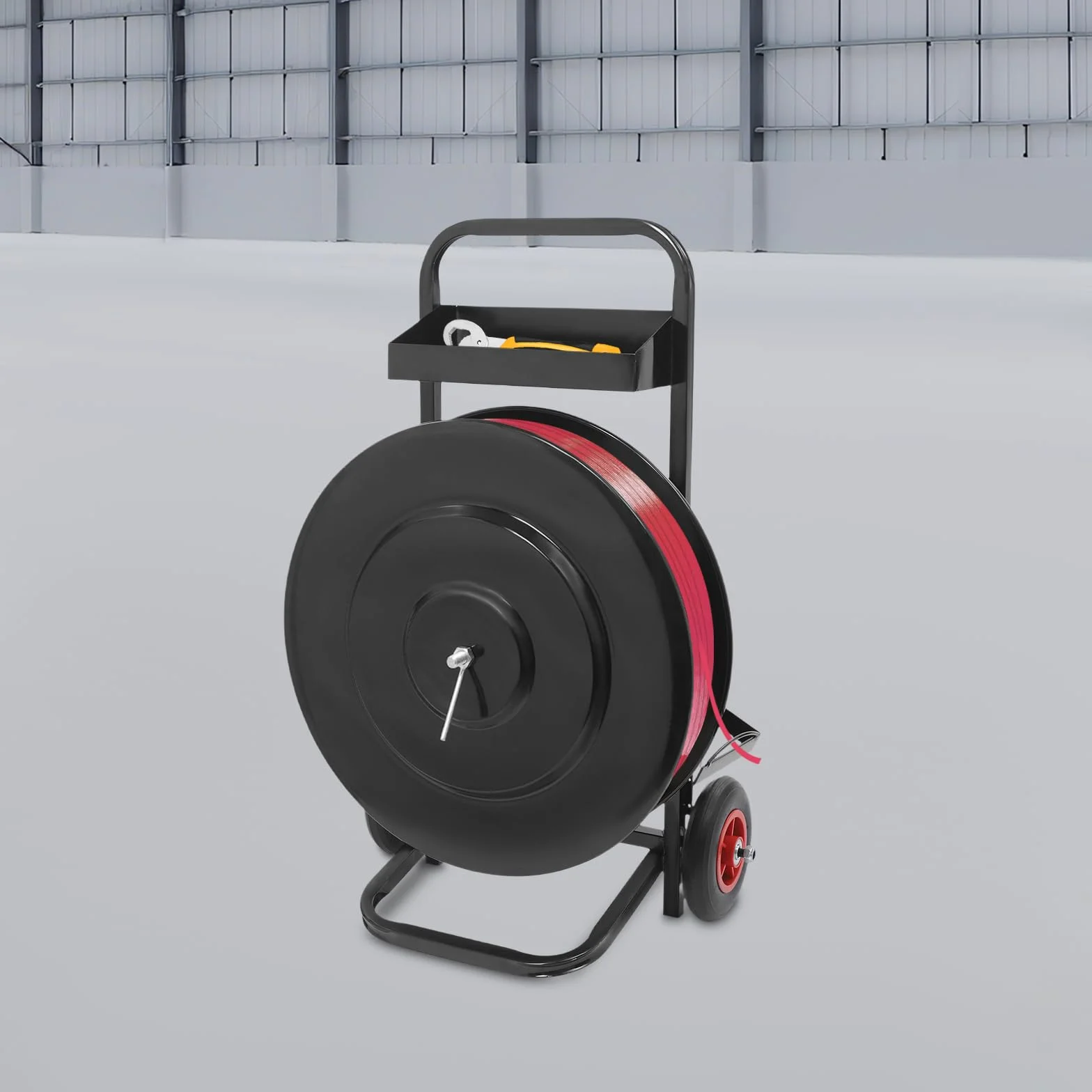 Carro para flejado, dispensador de flejes móvil y carro de flejes pesados con bandejas de almacenamiento, ruedas de hasta 80 kg, para cinta PP (200 mm/400 mm de diámetro interior)