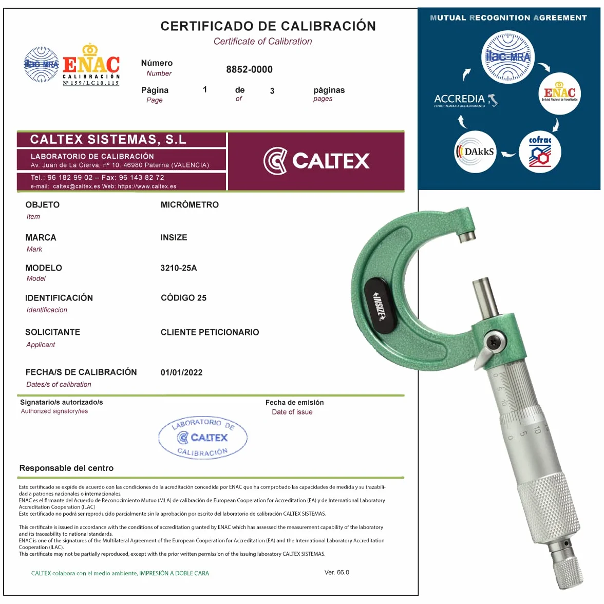 Micrómetro de exteriores INSIZE 3210-25A - Micrómetro de exteriores Calibrado ENAC - Incluye Certificado de Calibración Acreditado
