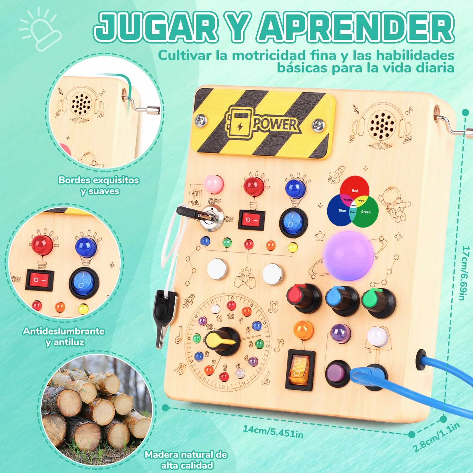 Konijiwa Busy Board Montessori 12 interruptores 24 Luces LED Juguete Aprendizaje Sensorial Madera 1 2 3 años