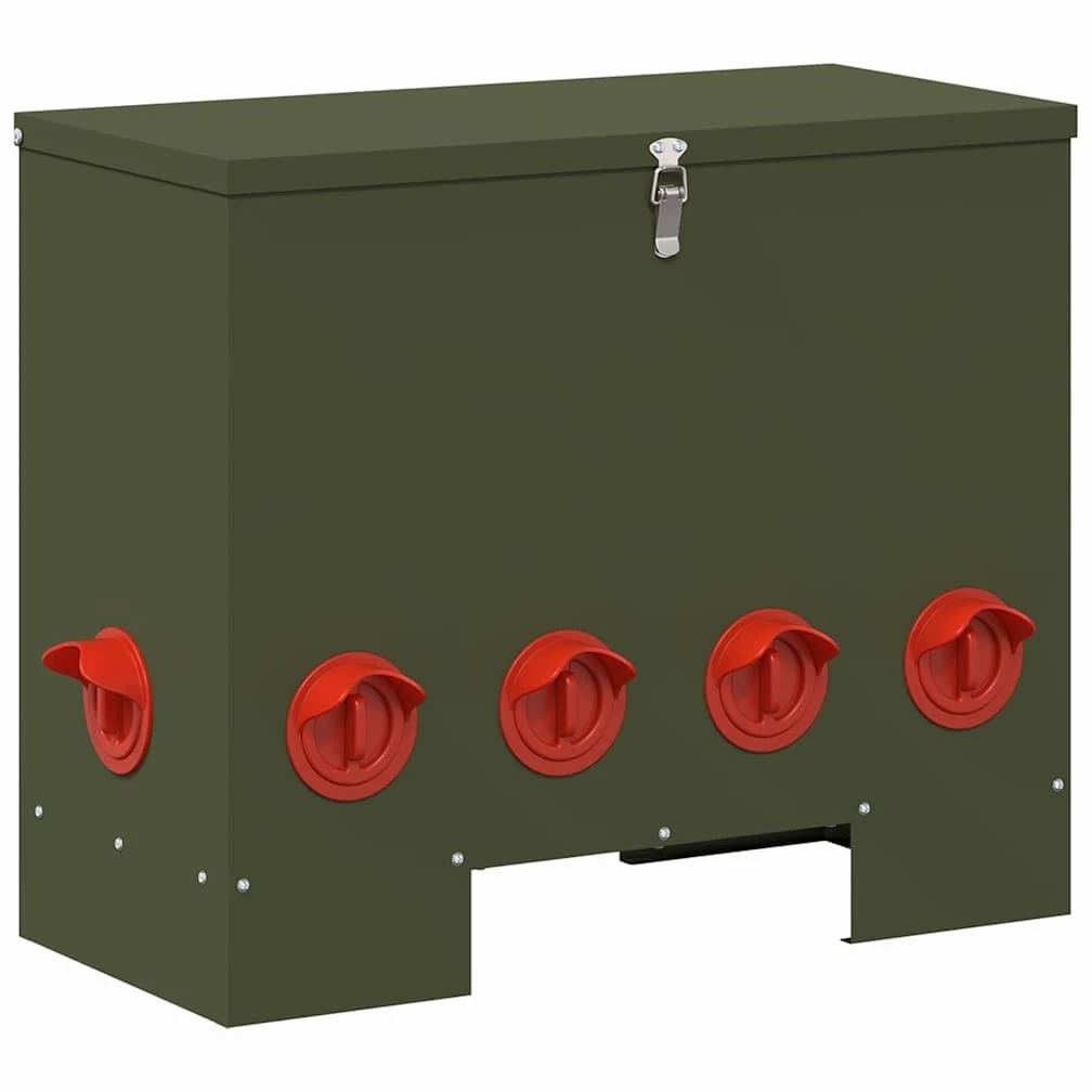 Comedero para gallinas de acero verde oliva 60,5 x 29 x 51 cm, diseño moderno para exterior e interior, fácil acceso a la comida con gran espacio de almacenamiento, resistente a los
