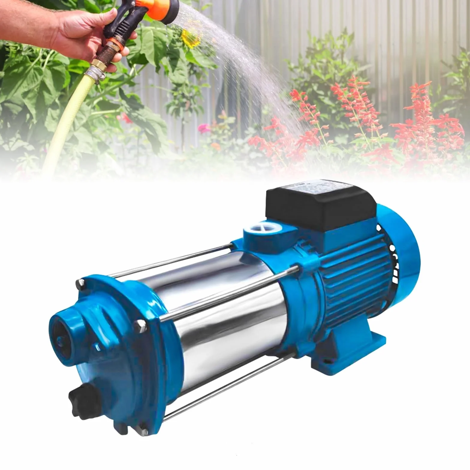 Potente Bomba Centrífuga 2500 W Para Riego de Jardín Con Interruptor de Presión - 4000 L/H, 110 m, Acero Inoxidable