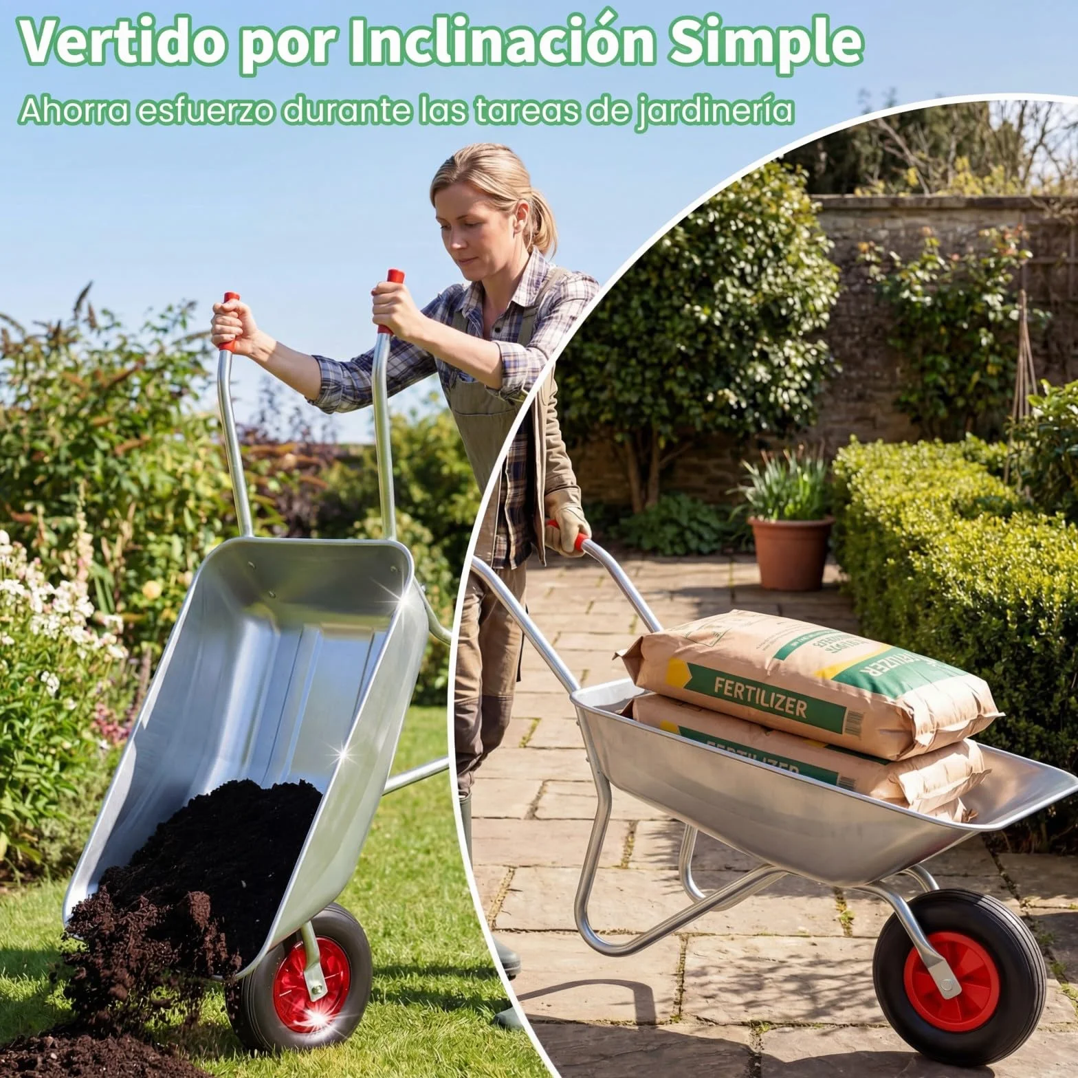 COSTWAY Carretilla de Obra, Galvanizado Metal, Carga 136kg, 62,5 L, Carretilla Jardín con 2 Manillares y Neumático Grande de Goma, Césped Jardín Patio Granja