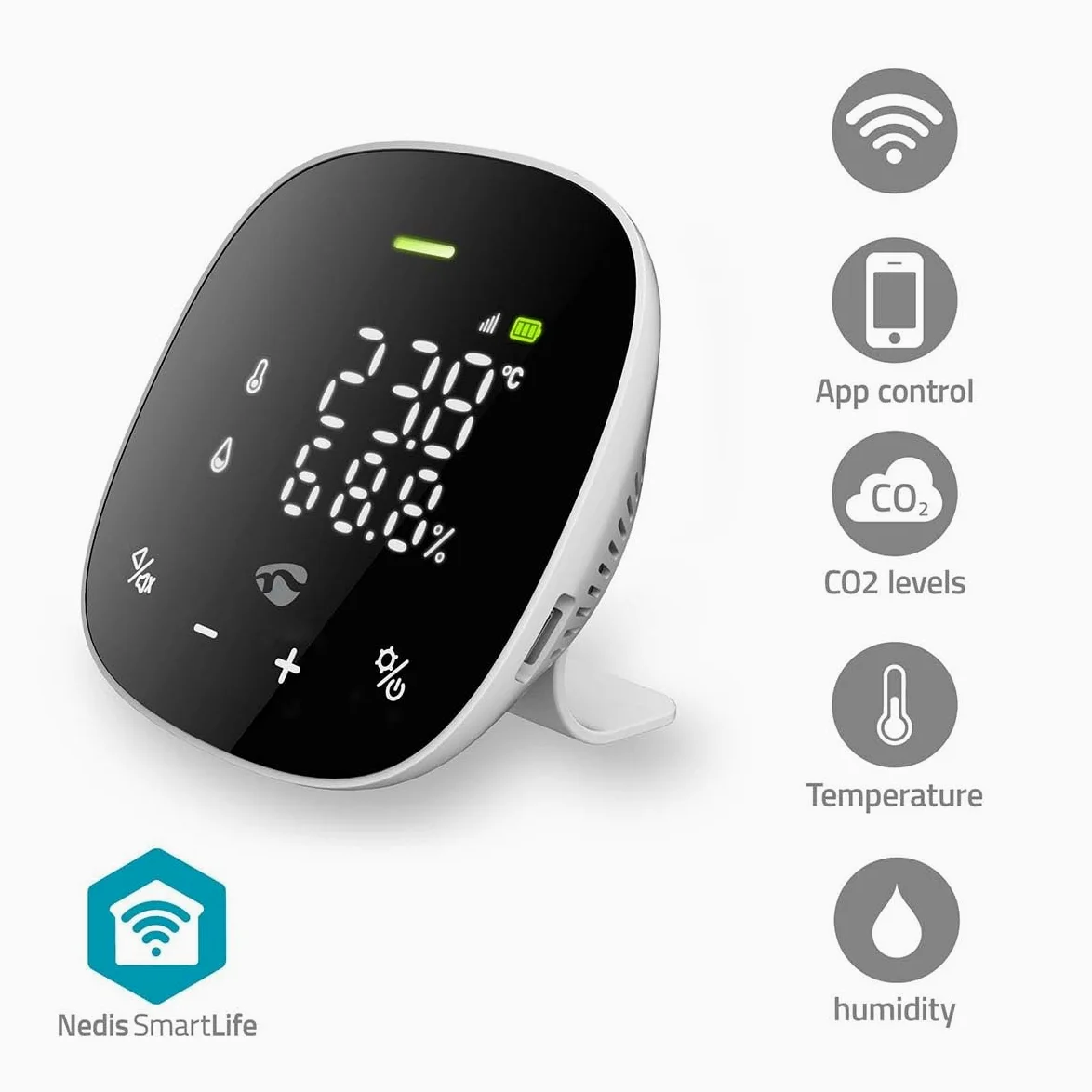 SmartLife Monitor de calidad del aire – Wi-Fi – Incluye pantalla – Dióxido de carbono (CO2) / Humedad/Temperatura – Android/IOS – Negro/Blanco