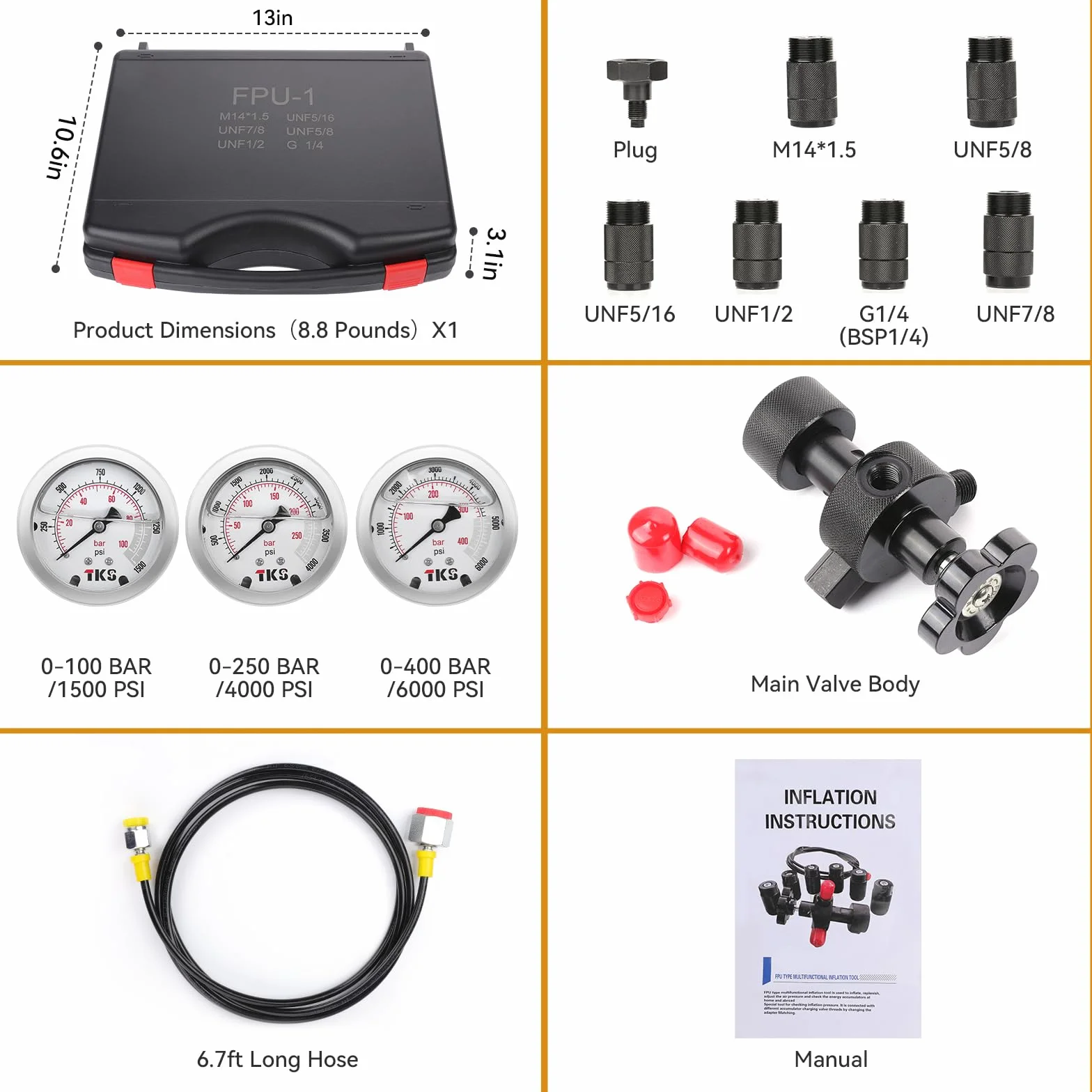 Kit de carga de acumulador de nitrógeno hidráulico, kit de llenado de nitrógeno, sistema de prueba de presión de nitrógeno con 7 acoplamientos, 3 manómetros (1500 PSI/4000 PSI/6000 PSI) y 1 manguera