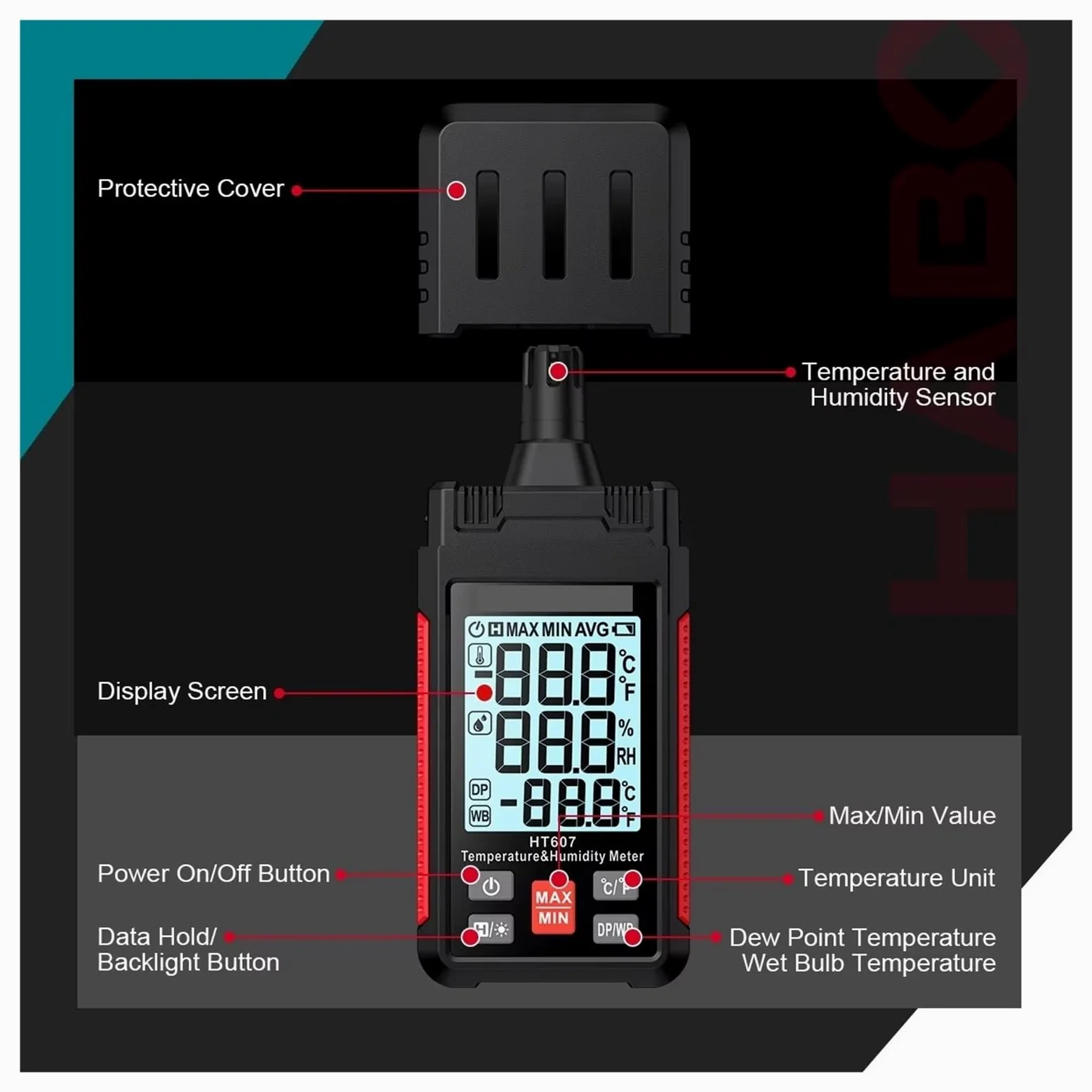 Medidor digital de temperatura y humedad HT607: termohigrómetro preciso for uso en laboratorio y granja