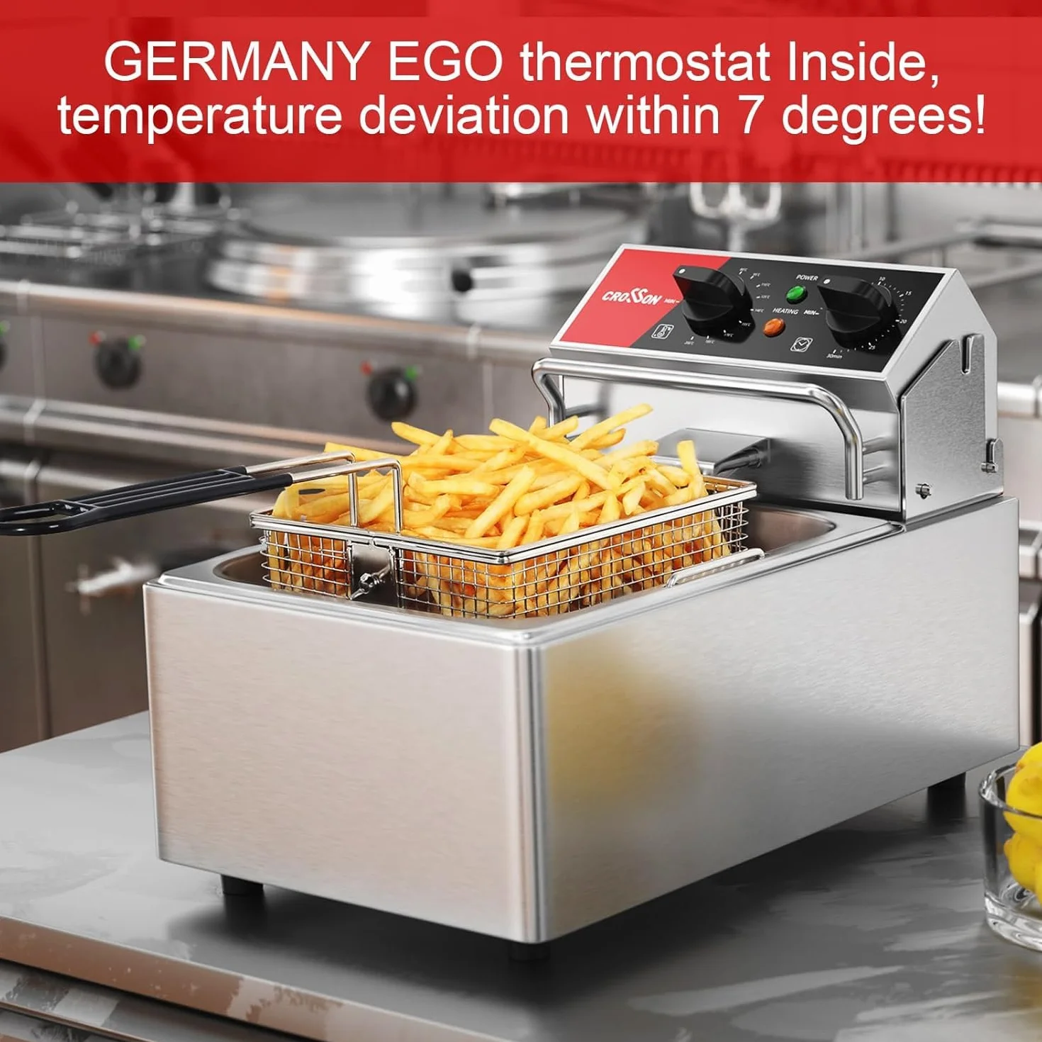 CROSSON 6L Freidora de Aceite Commercial,Freidora Eléctrica Profesional en Acero Inoxidable 3000W con Temporizador y Control de Temperatura,Cabezal de freidora oscilante