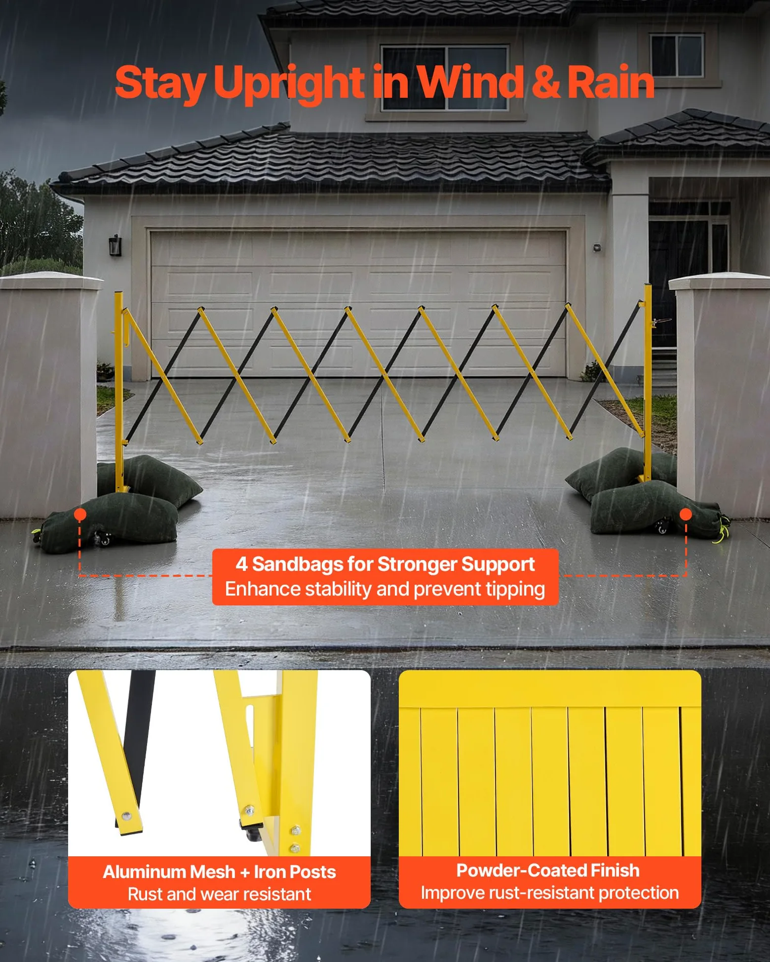 VEVOR Barricada Extensible de 3,82 m, Barrera de Seguridad Plegable con Ruedas y Frenos, Valla Metálica Portátil, Aluminio, para Uso Industrial Construcción Control de Espacios, Color Negro Amarillo