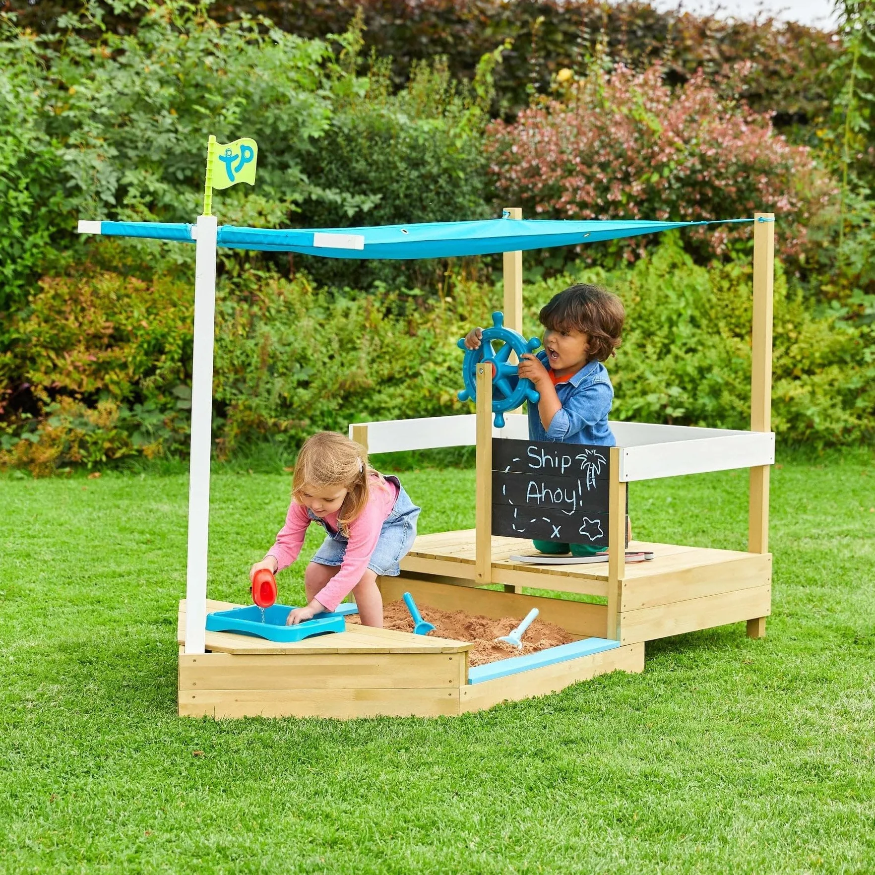 TP Toys Ahoy Barco de Juego de Madera con Arenero y Cubierta de Sombra para Niños 2+ Años