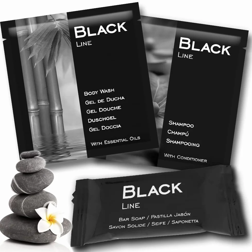 Amenities Pack BLACK Line Gel Champu Pastilla Jabon 100 Ud x 3 Product Aceite Esencial Sin Parabenos Hotel Casa Rural