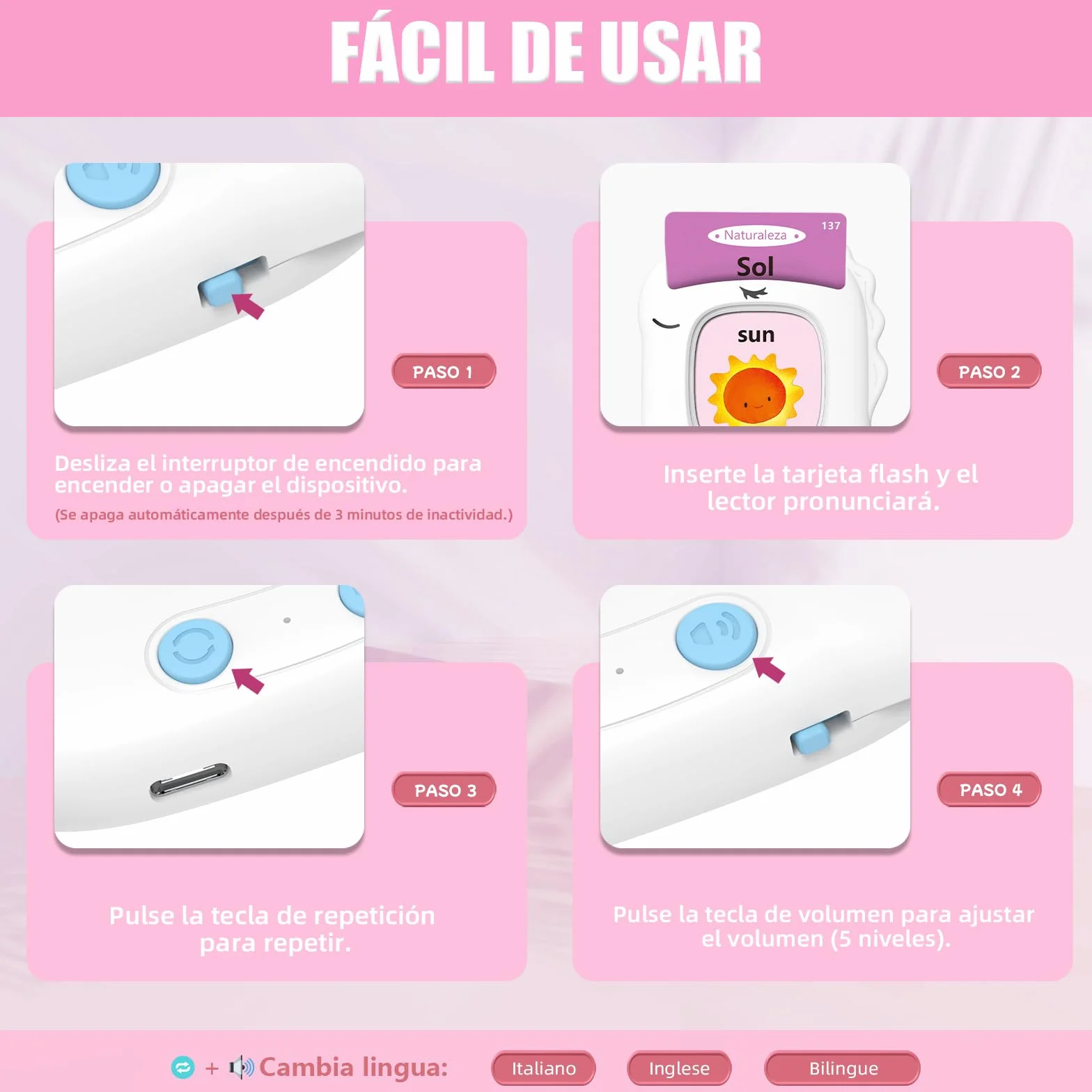 Tarjetas Flash Parlantes Juguetes Educativos para Niños 2+ Años 112 Hojas 224 Palabras Bilingüe Español Inglés (Blanco)