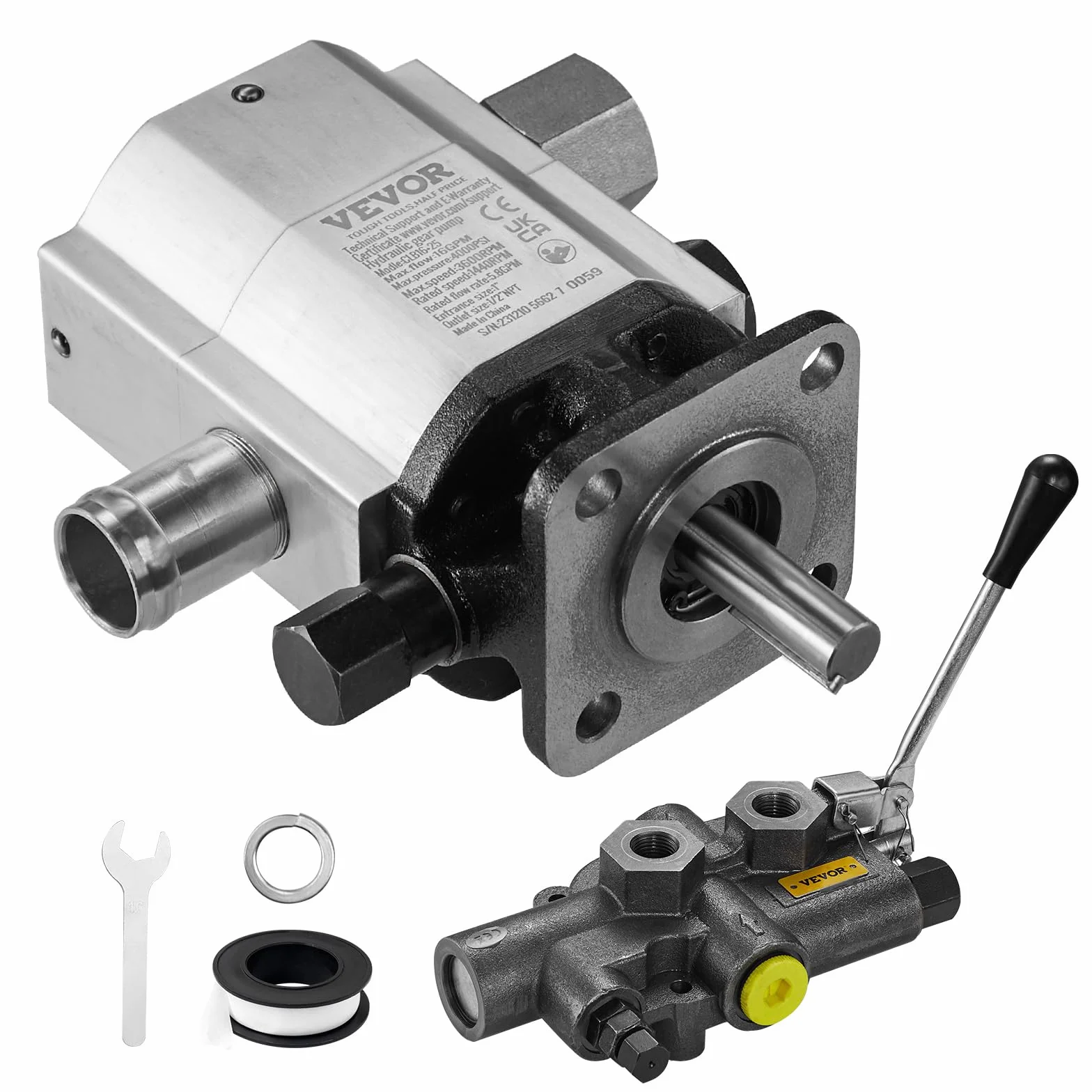 VEVOR Kit de bomba hidráulica de troncos, 16 GPM, bomba de engranajes hidráulica de aluminio de 2 etapas 4000 PSI, con válvula de entrada de 1'', salida NPT de 1/2'' 3600 RPM, para motor pequeño