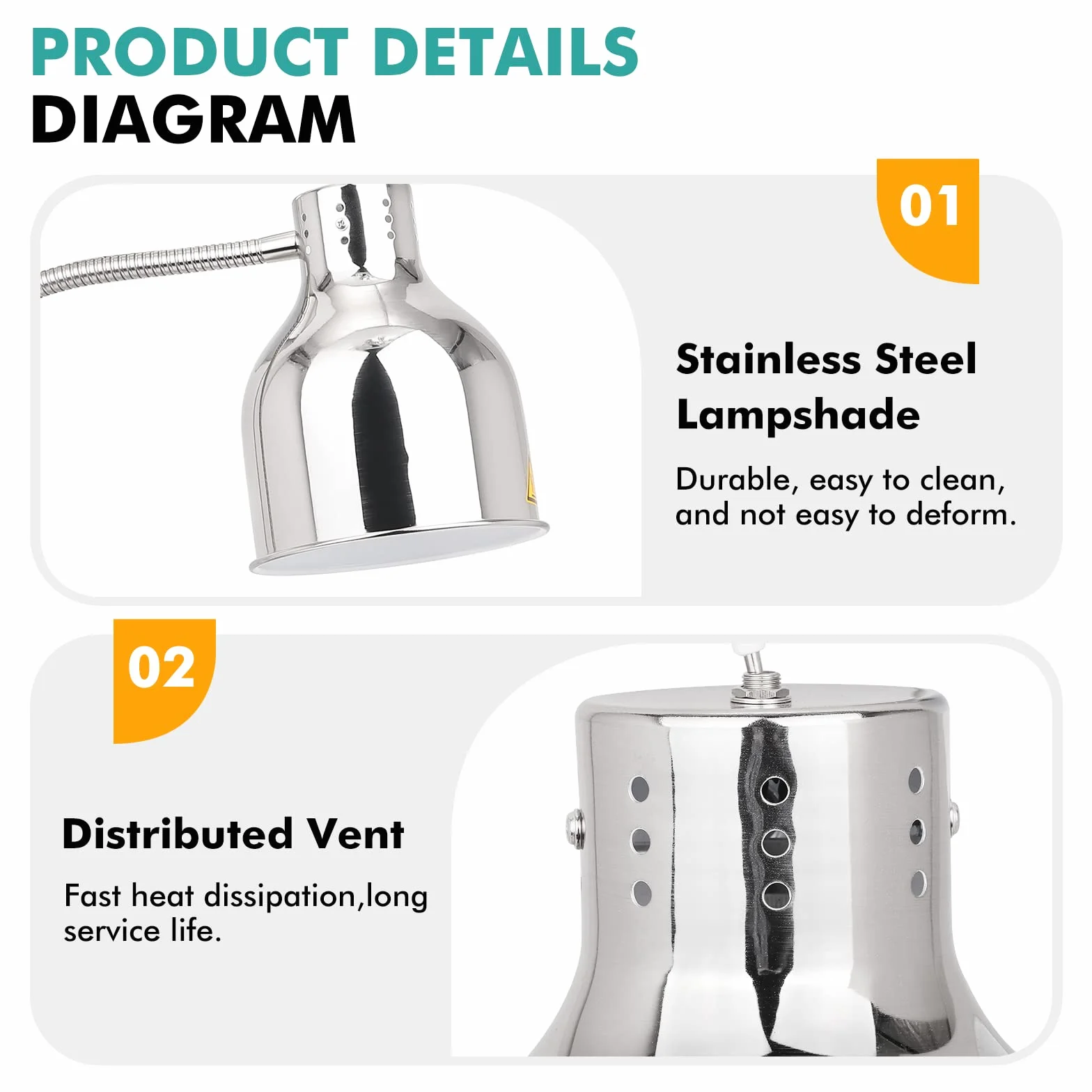 YJINGRUI Lámpara de calentamiento de alimentos 2 x 250 W plateada manguera extensible 70 cm buffet cocina restaurante