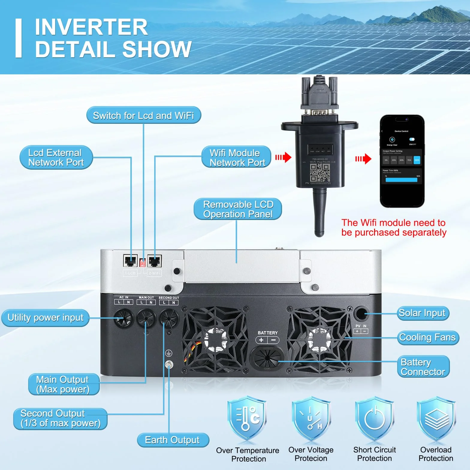 6200W Inversor Híbrido 48V,Inversor Solar Híbrido 48V de Onda Sinusoidal Pura Off-Grid,MAX.PV 500Vdc,120A MPPT,para baterías de Plomo y Litio