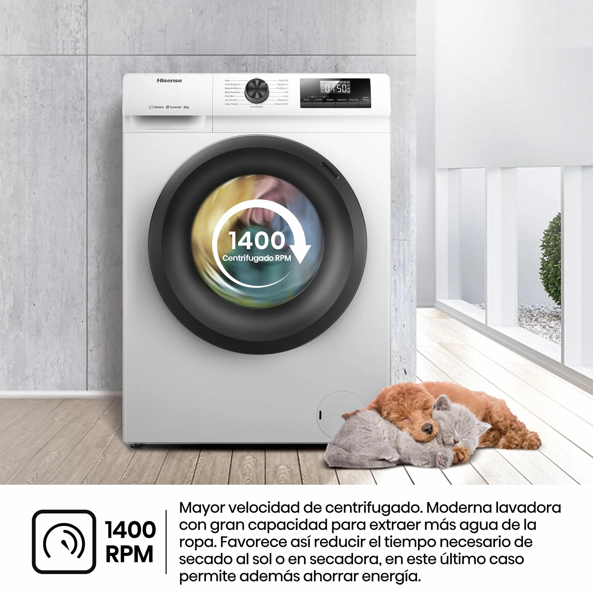 Hisense Lavadora 8 Kg 1400 rpm Clase A 85x60 cm Blanco Vapor 99,9% Inverter